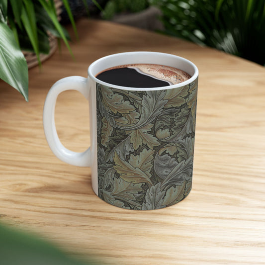 A ceramic mug with a floral pattern inspired by William Morris - Acanthus Collection in a grey colour.