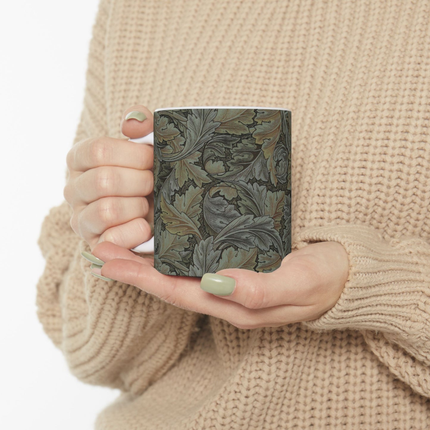 A ceramic mug with a floral pattern inspired by William Morris - Acanthus Collection in a grey colour.