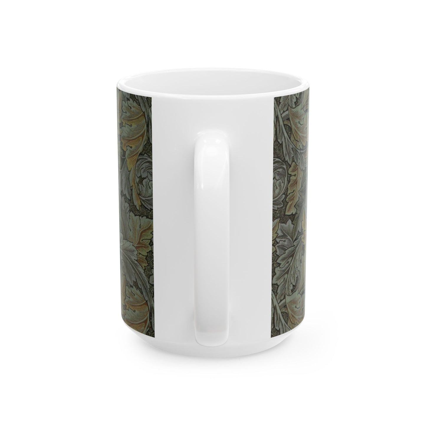 A ceramic mug with a floral pattern inspired by William Morris - Acanthus Collection in a grey colour.