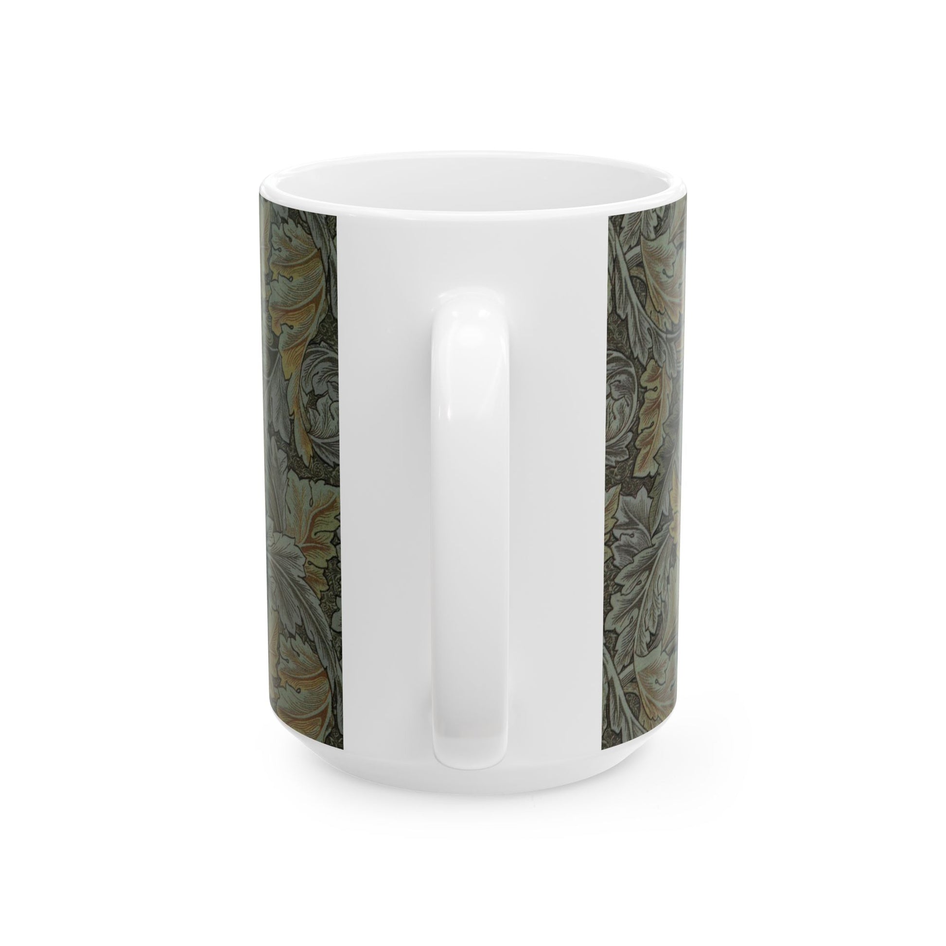 A ceramic mug with a floral pattern inspired by William Morris - Acanthus Collection in a grey colour.