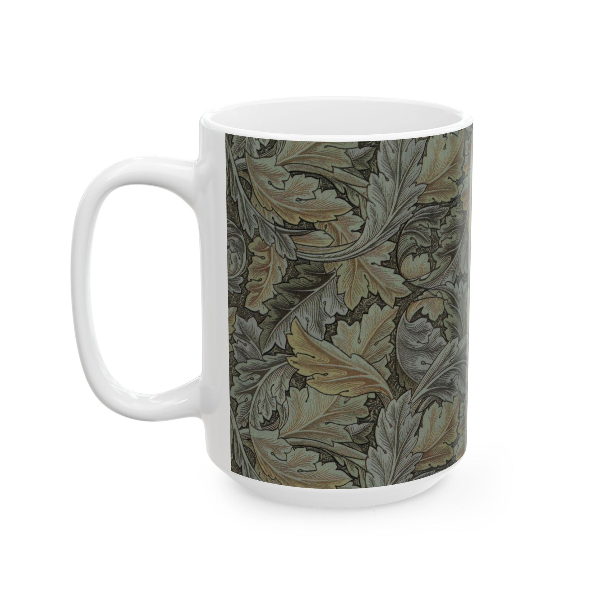 A ceramic mug with a floral pattern inspired by William Morris - Acanthus Collection in a grey colour.