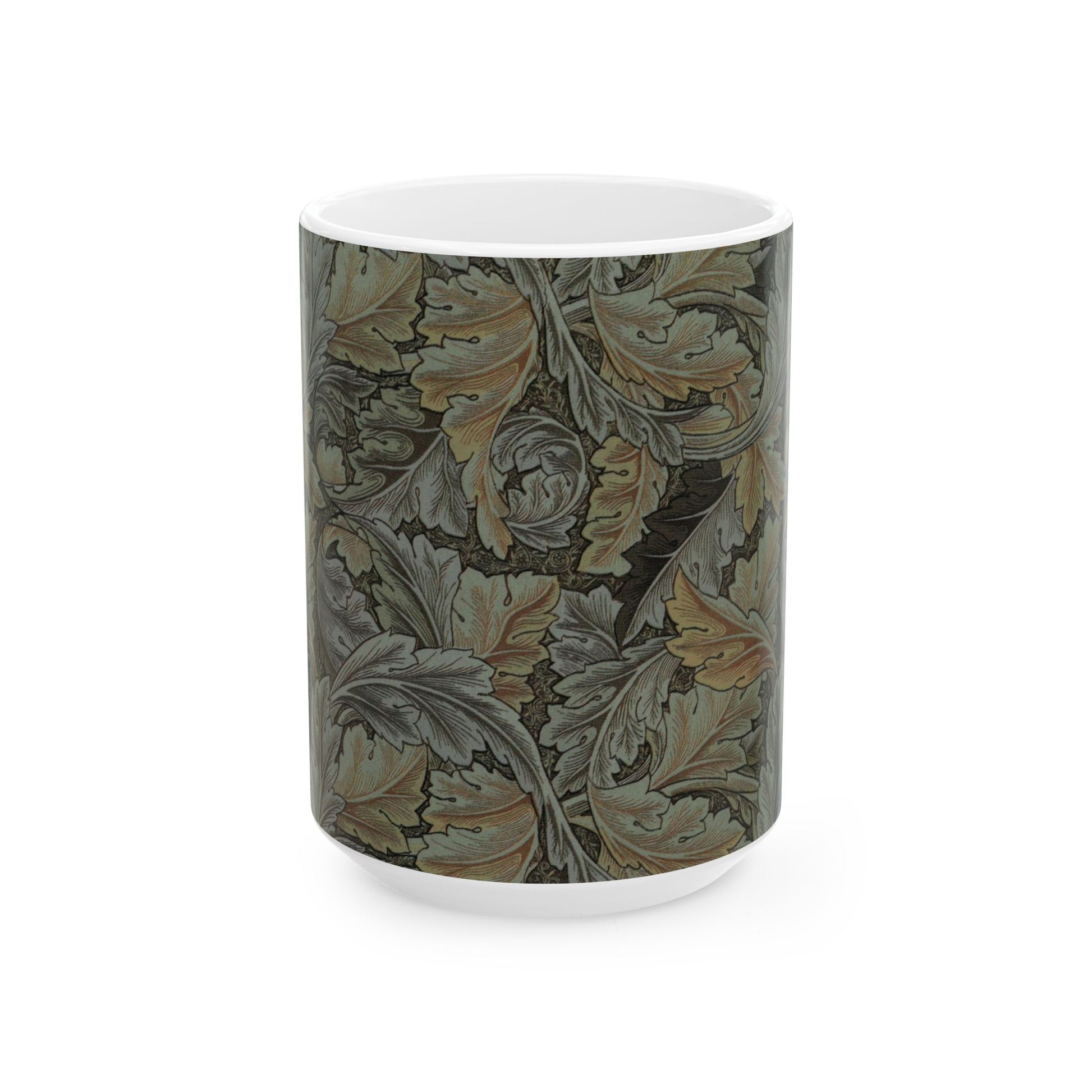 A ceramic mug with a floral pattern inspired by William Morris - Acanthus Collection in a grey colour.