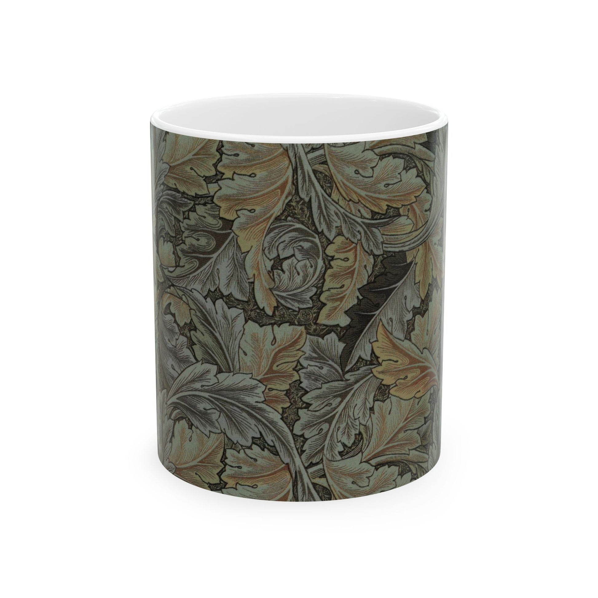 A ceramic mug with a floral pattern inspired by William Morris - Acanthus Collection in a grey colour.