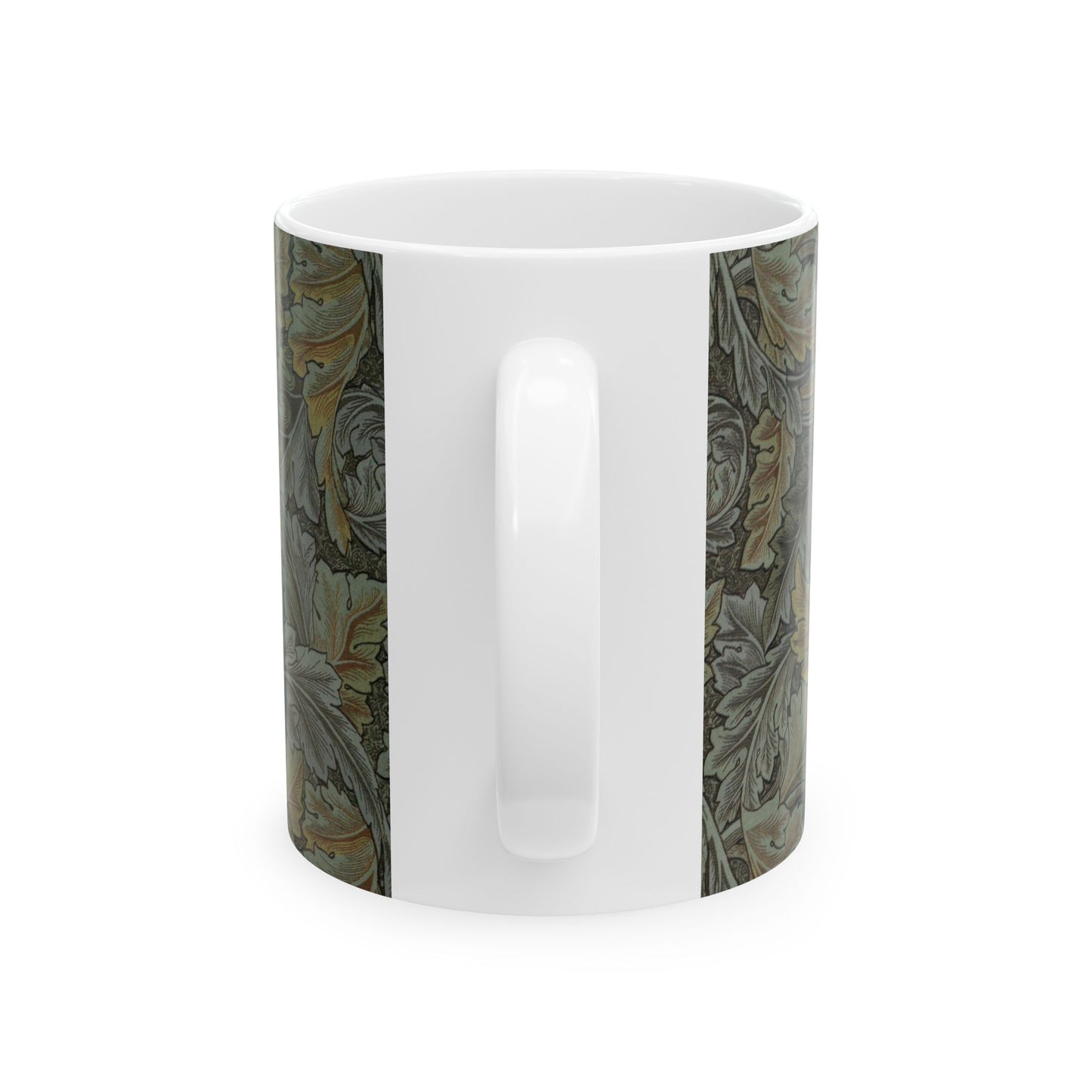 A ceramic mug with a floral pattern inspired by William Morris - Acanthus Collection in a grey colour.