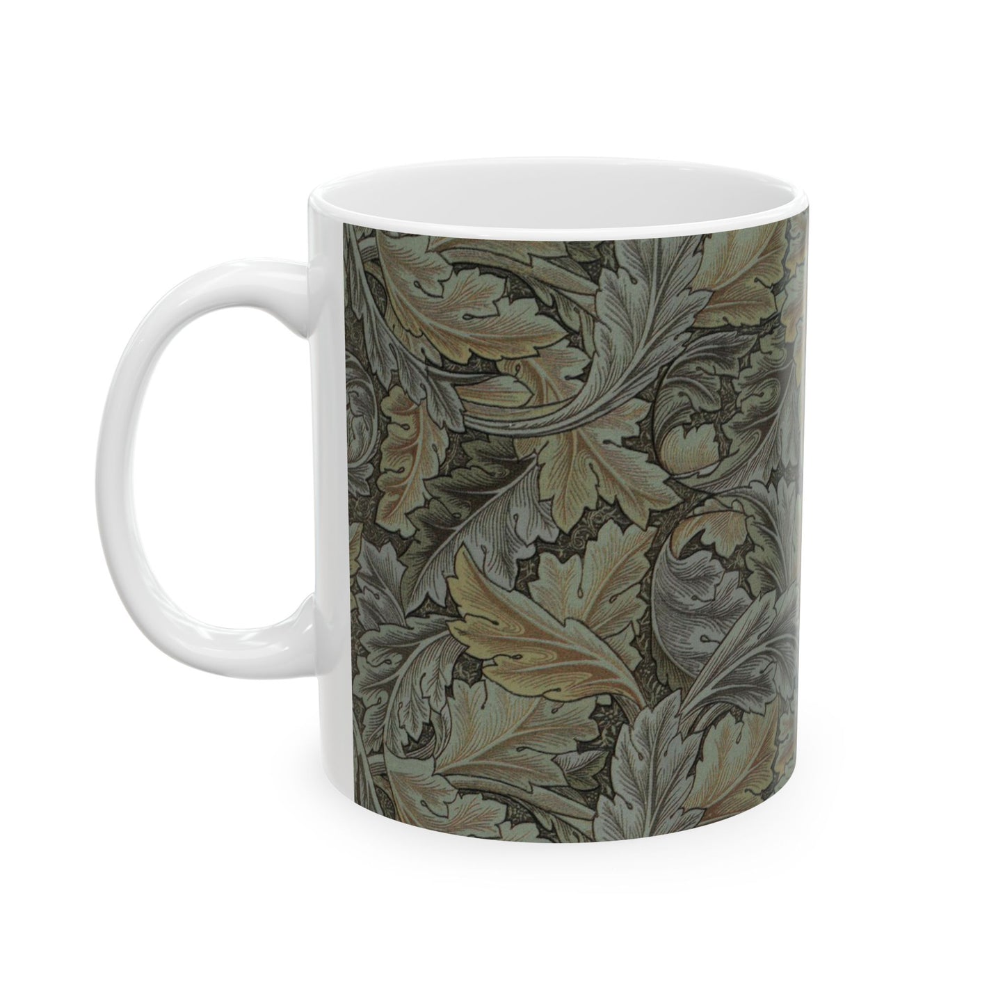 A ceramic mug with a floral pattern inspired by William Morris - Acanthus Collection in a grey colour.