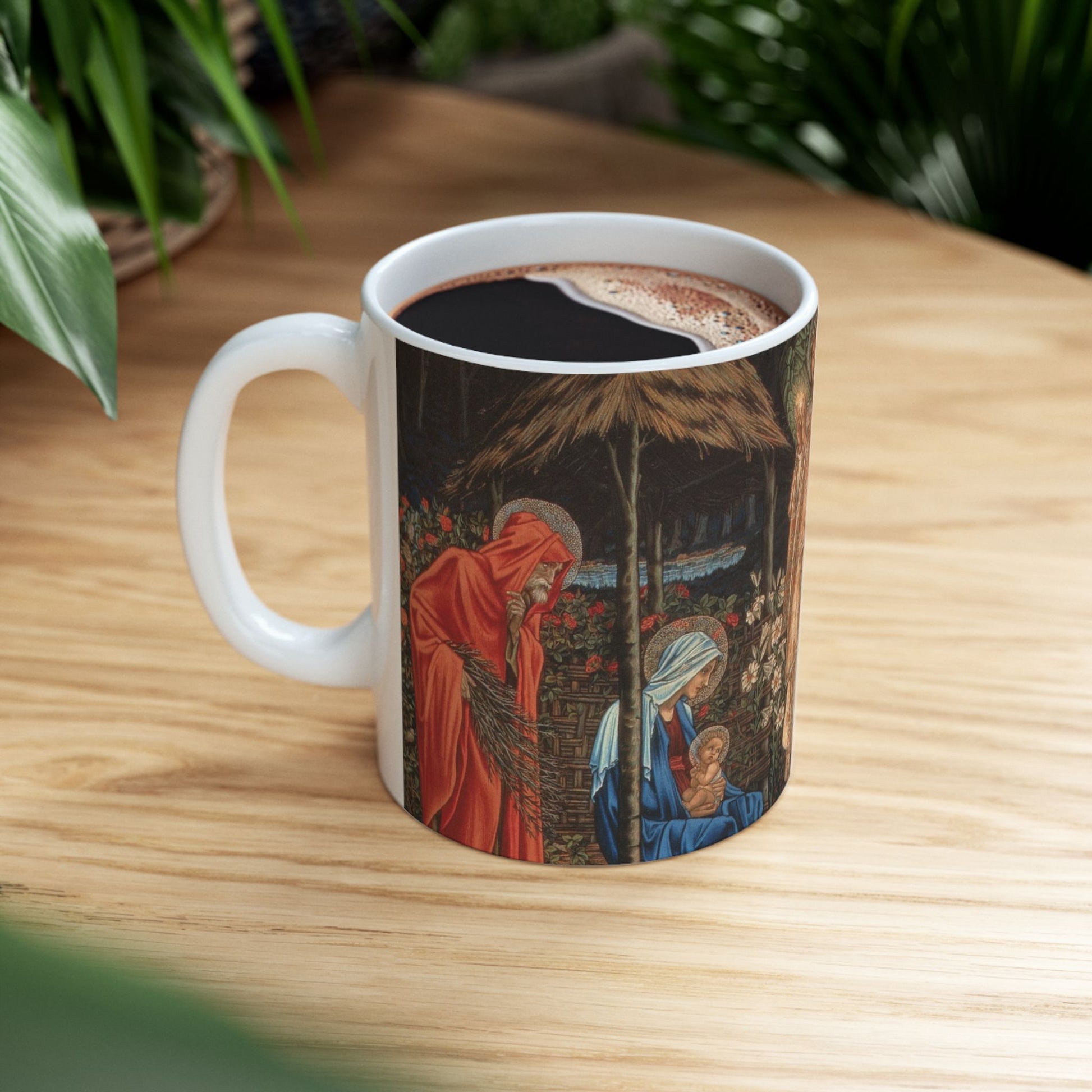A ceramic mug with a William Morris-inspired design featuring figures in medieval attire.