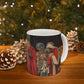 A ceramic mug with a William Morris-inspired design featuring figures in medieval attire.
