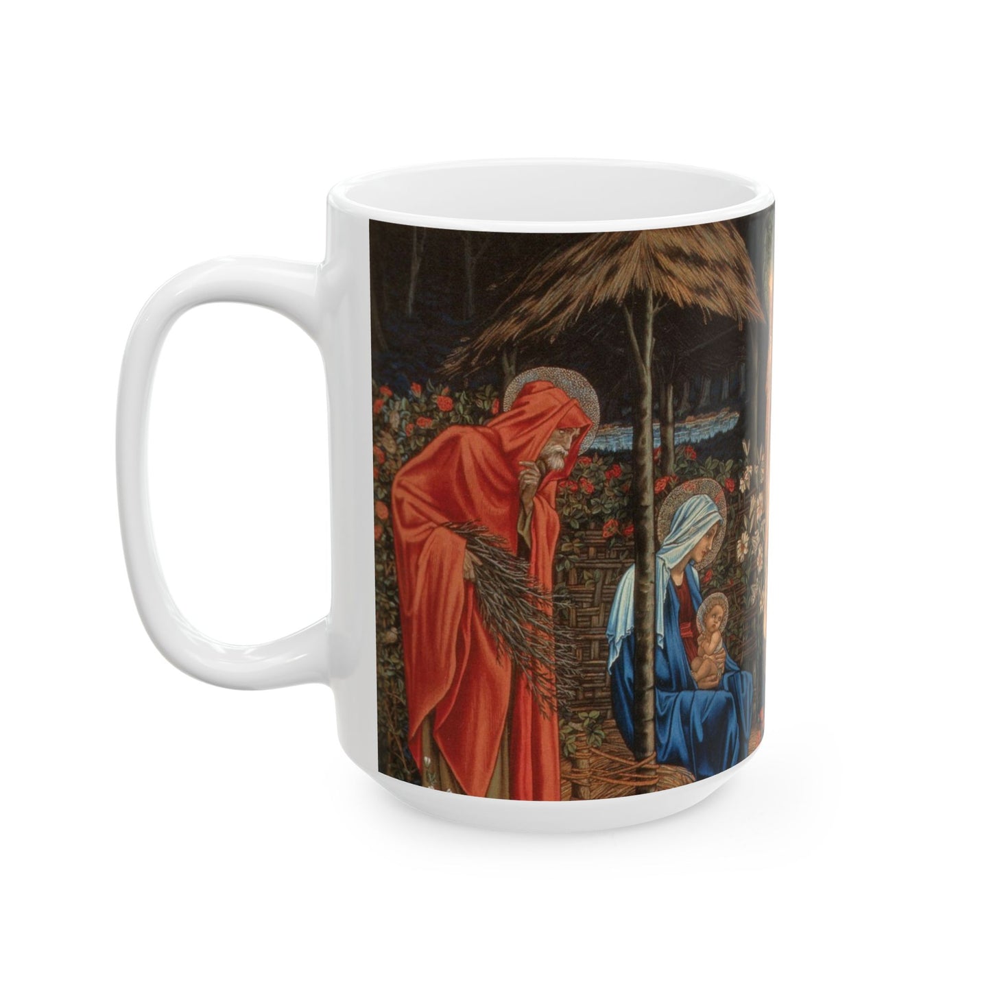 A ceramic mug with a William Morris-inspired design featuring figures in medieval attire.