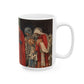 A ceramic mug with a William Morris-inspired design featuring figures in medieval attire.
