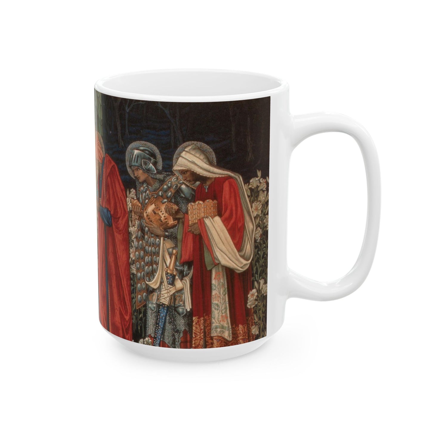 A ceramic mug with a William Morris-inspired design featuring figures in medieval attire.