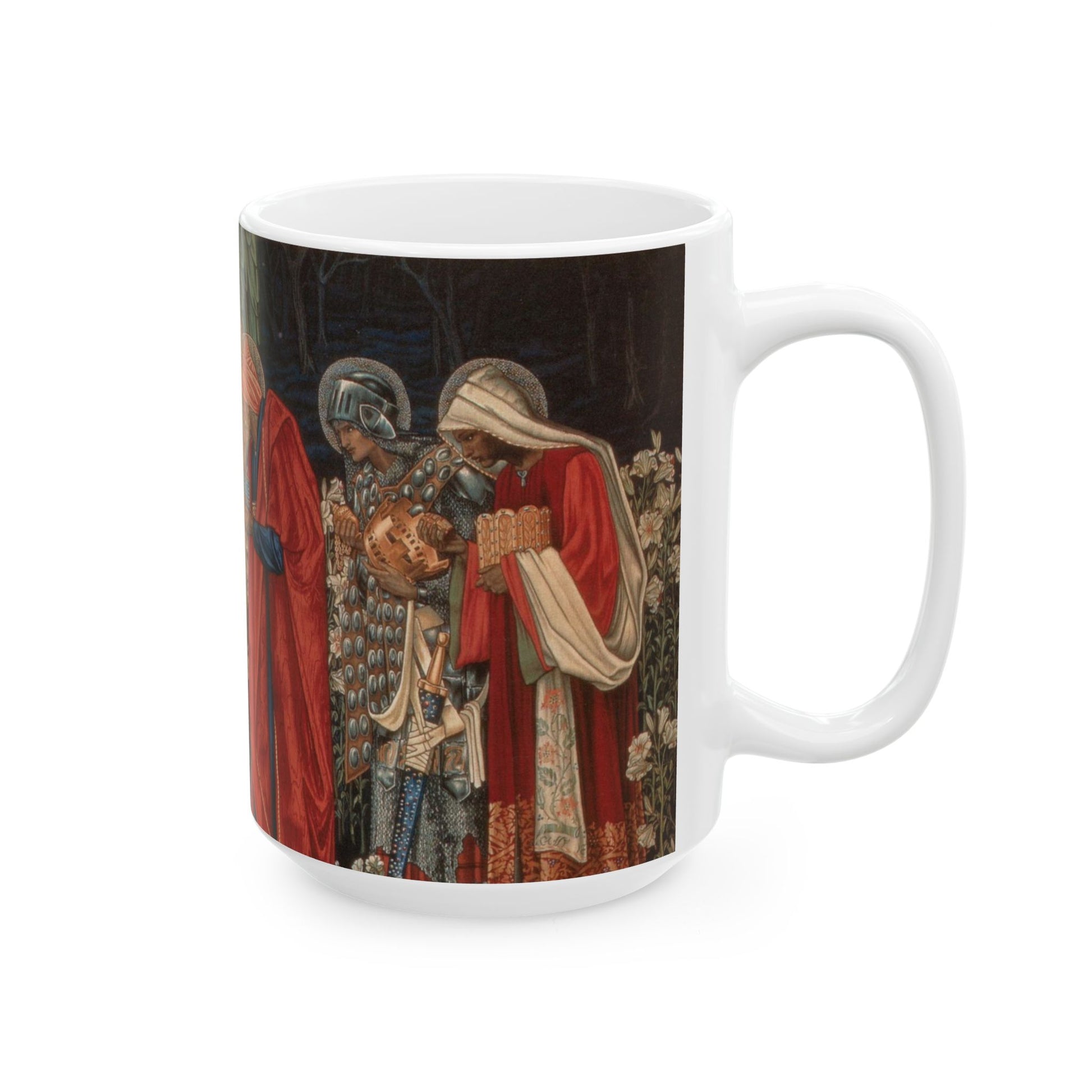 A ceramic mug with a William Morris-inspired design featuring figures in medieval attire.