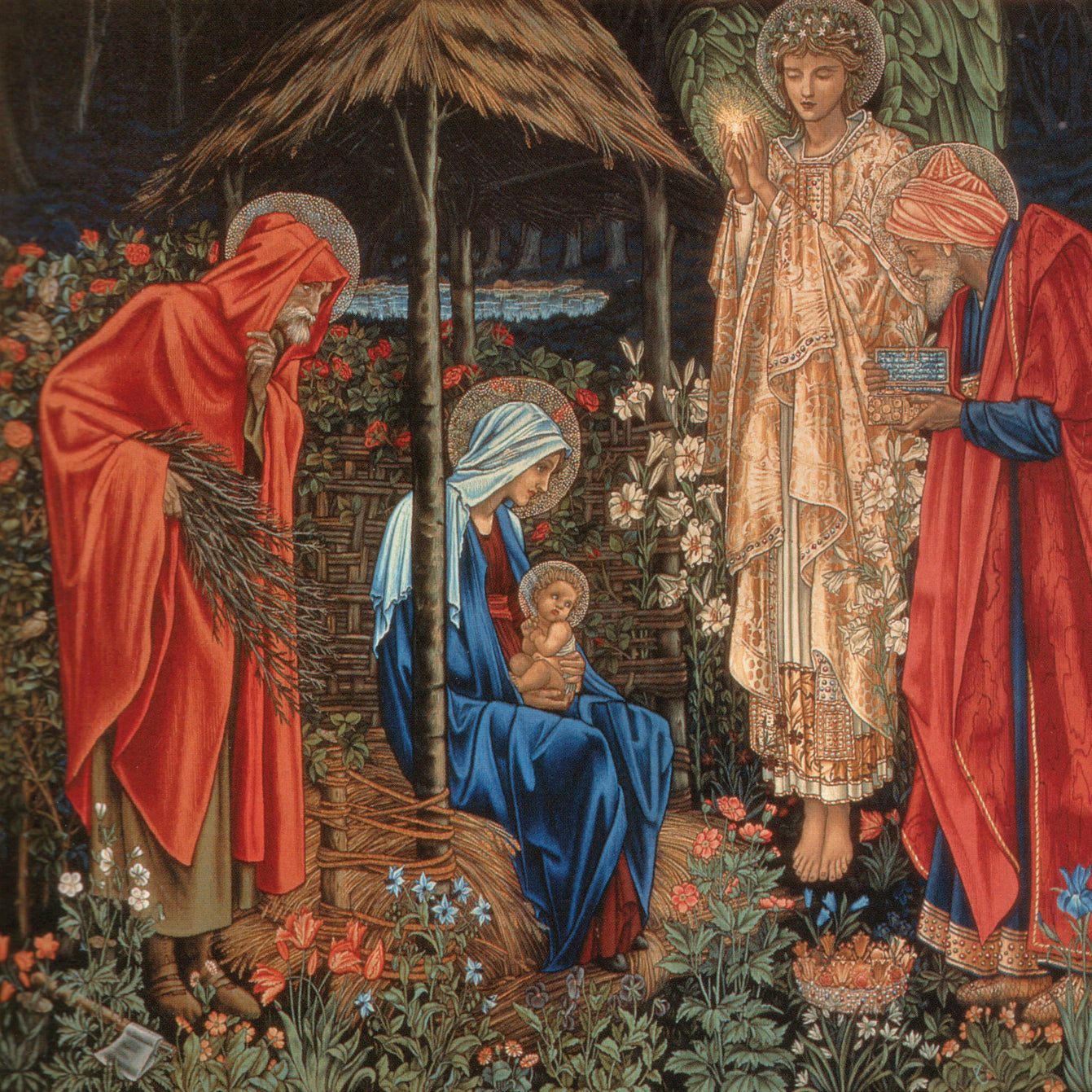 Nativity scene with Mary, Joseph, and baby Jesus, surrounded by angels and flowers.