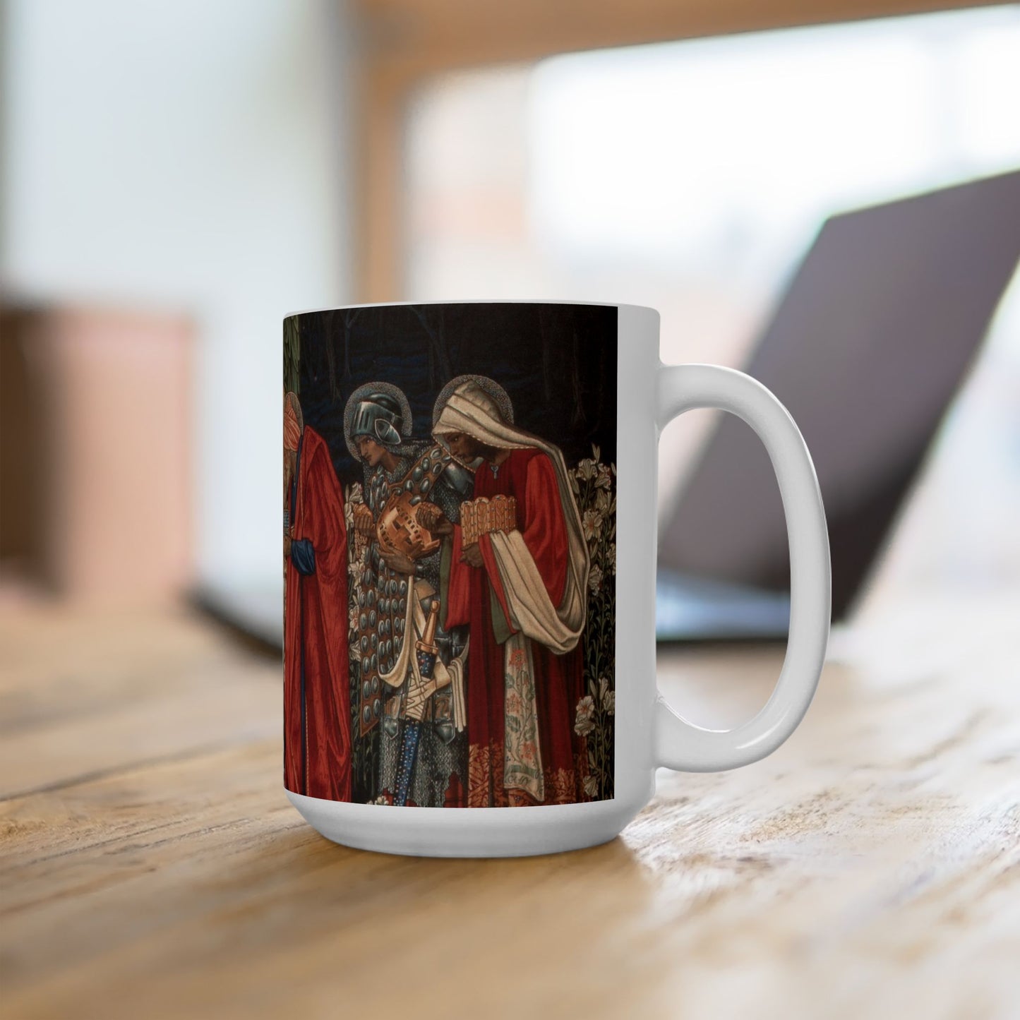 A ceramic mug with a William Morris-inspired design featuring figures in medieval attire.