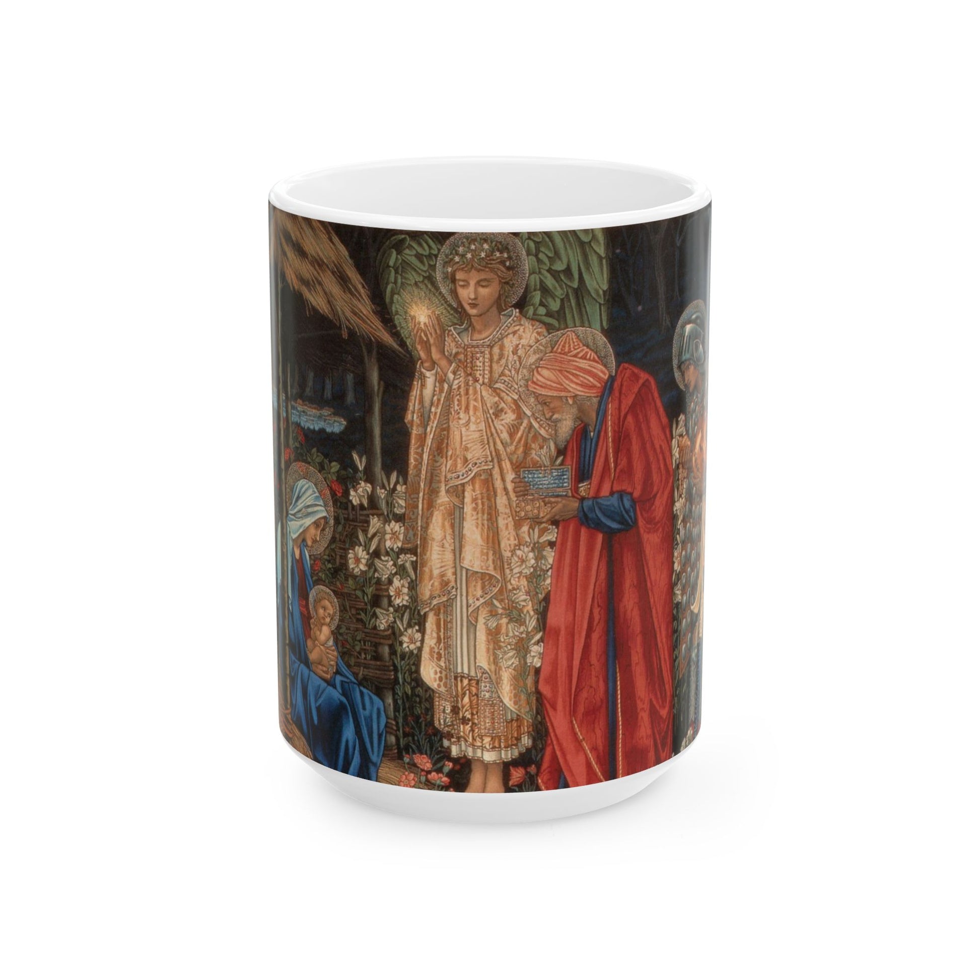 A ceramic mug with a William Morris-inspired design featuring figures in medieval attire.