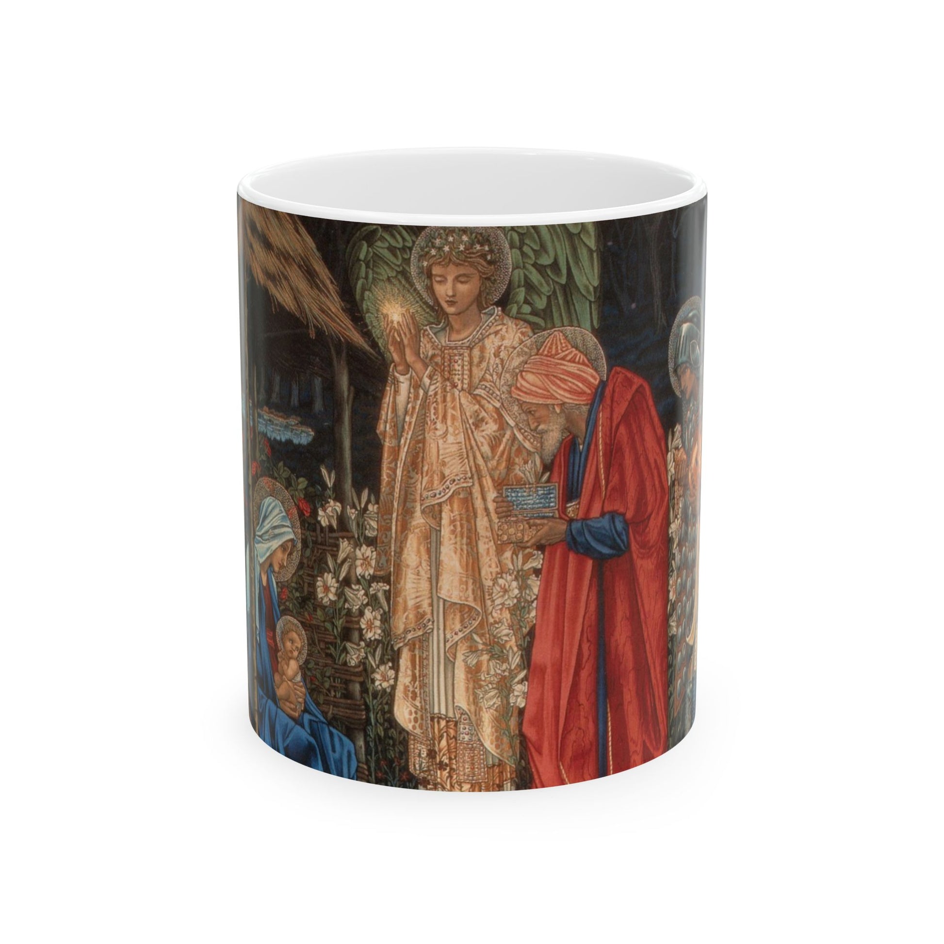 A ceramic mug with a William Morris-inspired design featuring figures in medieval attire.