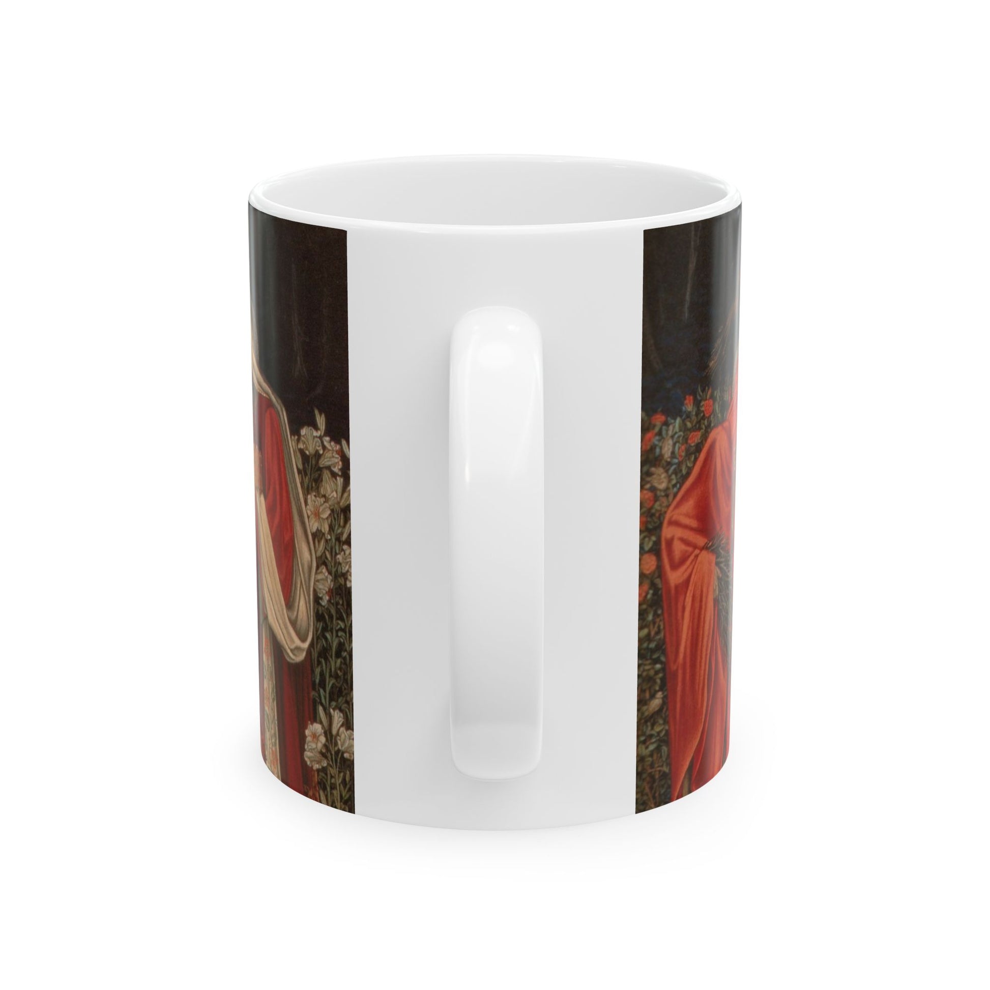 A ceramic mug with a William Morris-inspired design featuring figures in medieval attire.