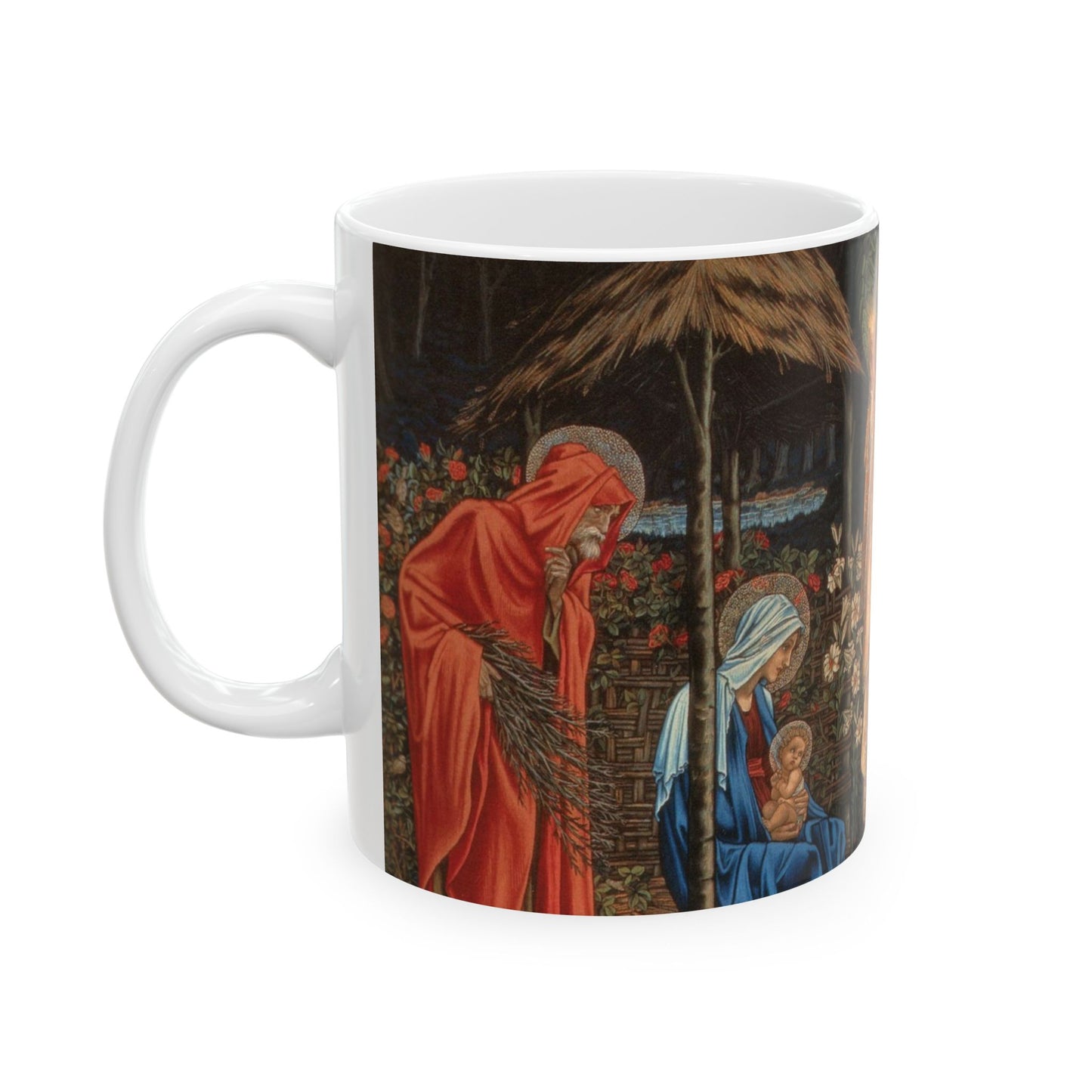 A ceramic mug with a William Morris-inspired design featuring figures in medieval attire.