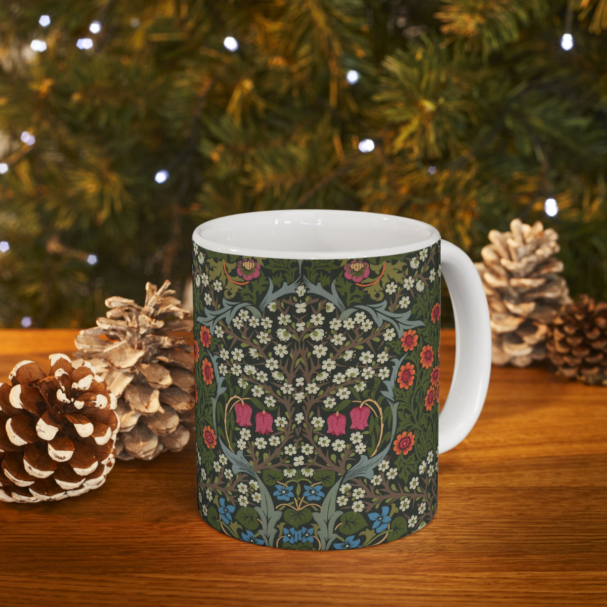 Ceramic Mug designed by William Morris & Co in a green, white and pink floral pattern called Blackthorn Collection