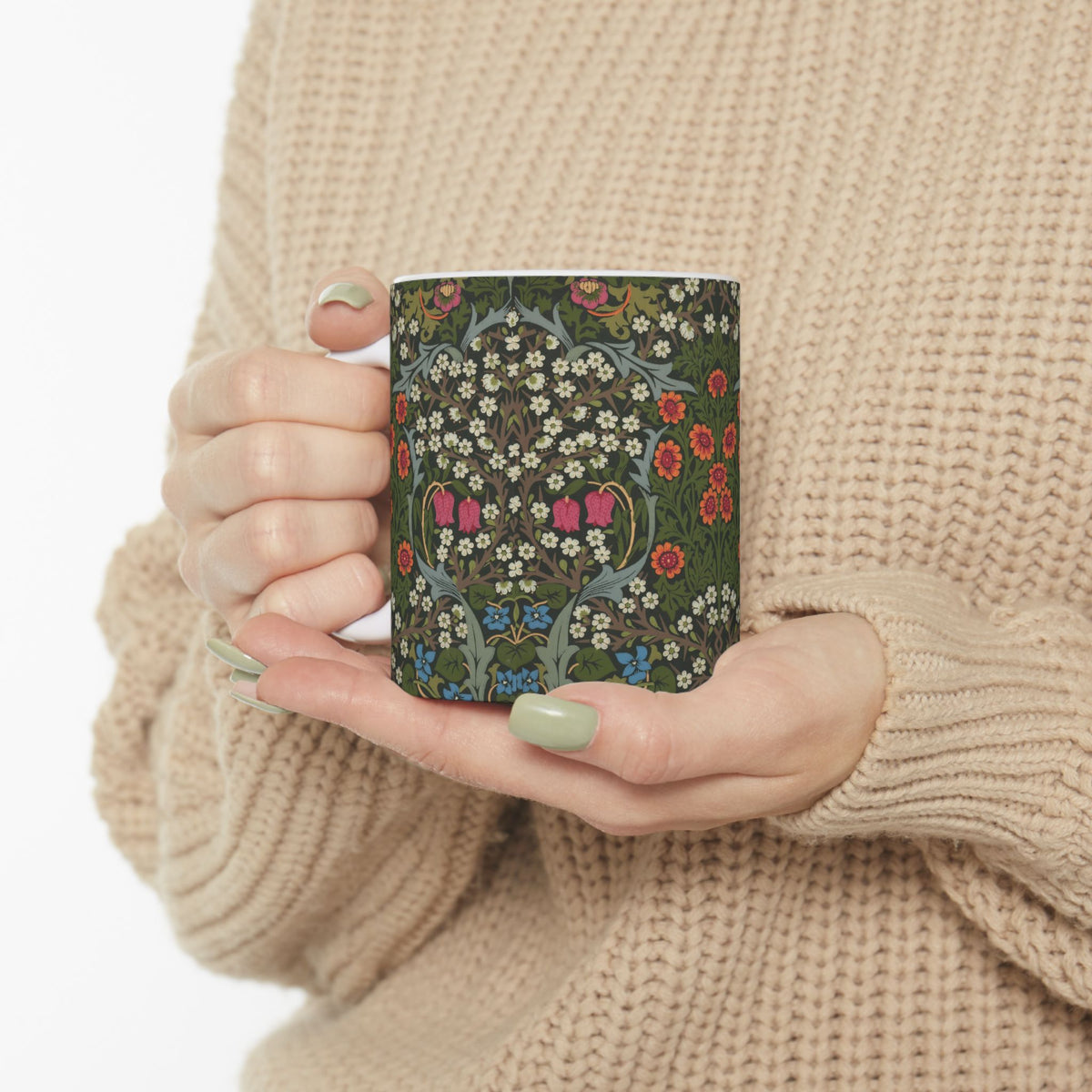 Ceramic Mug designed by William Morris & Co in a green, white and pink floral pattern called Blackthorn Collection