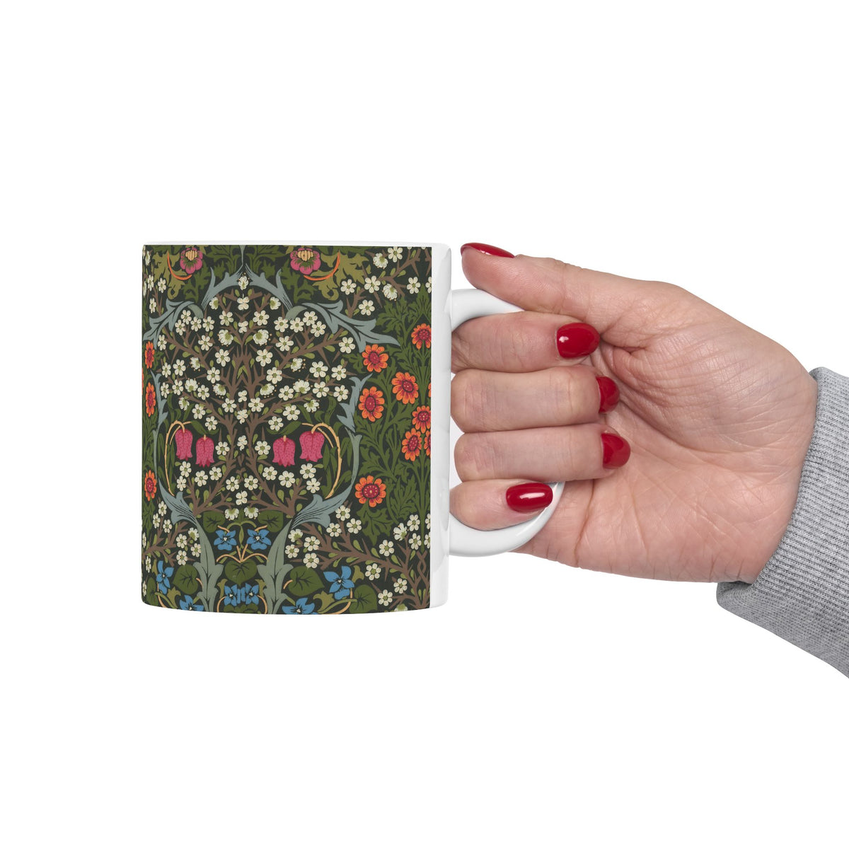 Ceramic Mug designed by William Morris & Co in a green, white and pink floral pattern called Blackthorn Collection