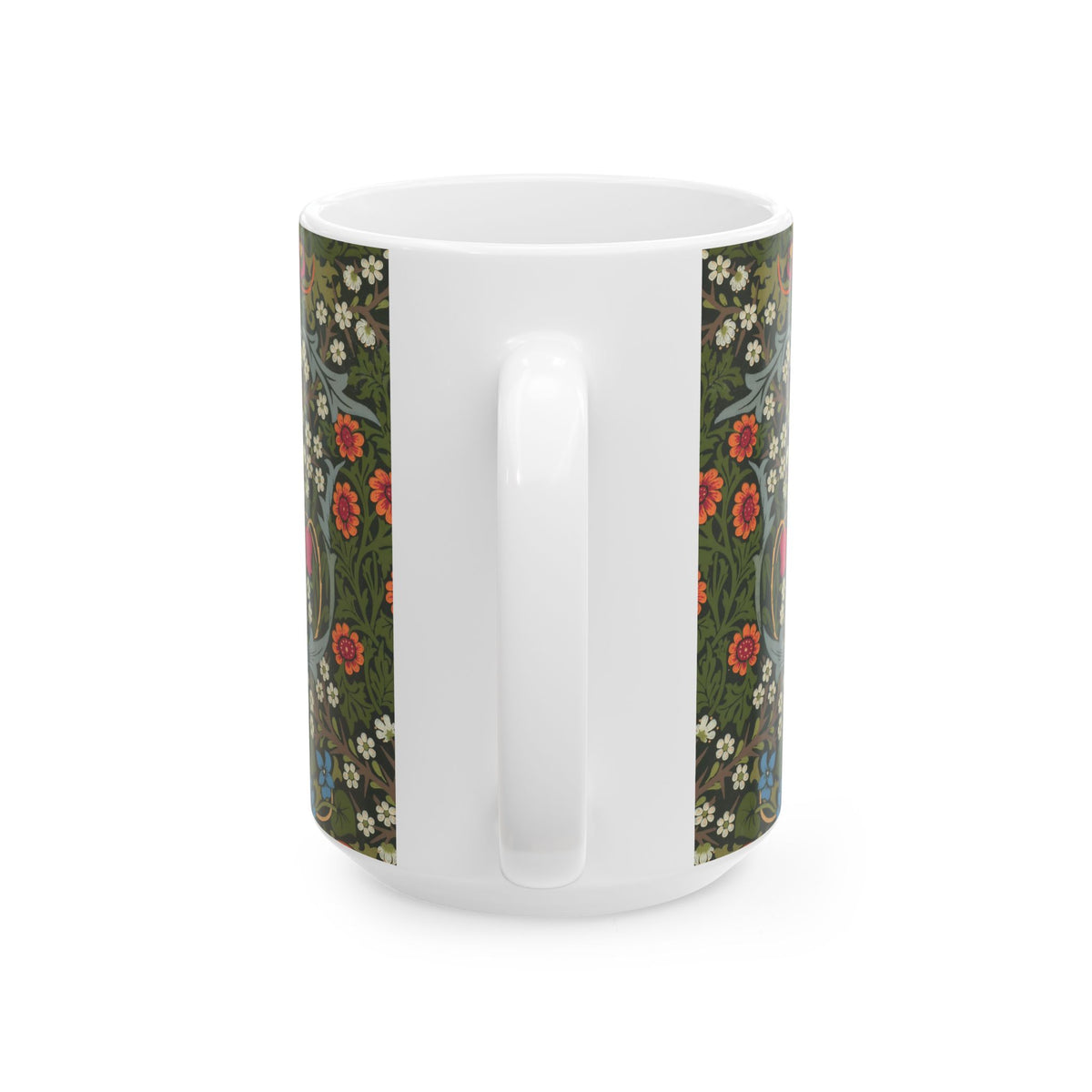 Ceramic Mug designed by William Morris & Co in a green, white and pink floral pattern called Blackthorn Collection