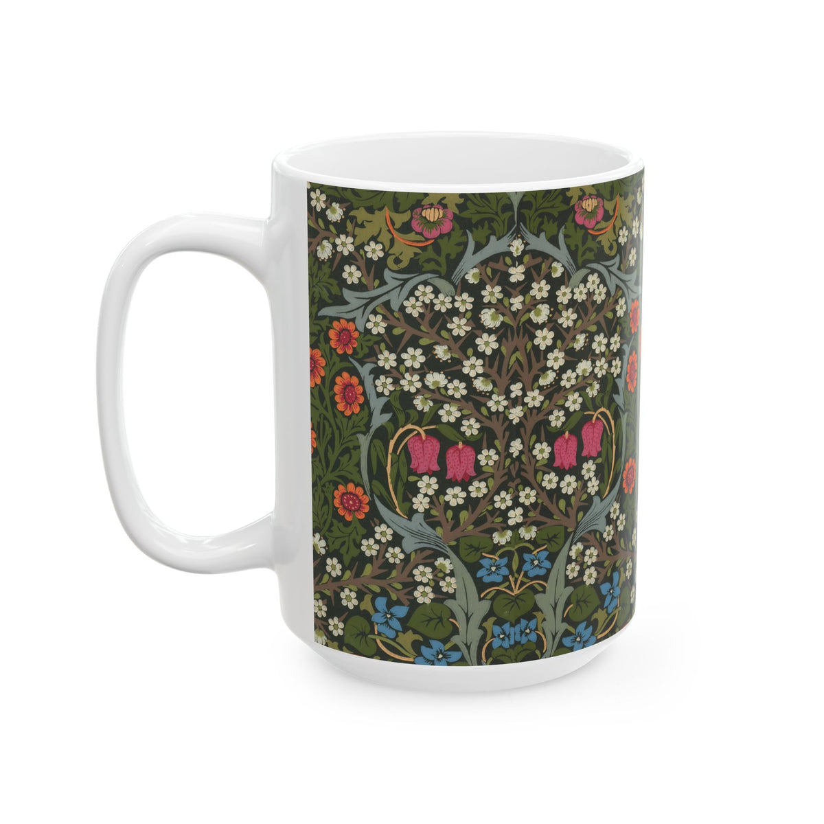 Ceramic Mug designed by William Morris & Co in a green, white and pink floral pattern called Blackthorn Collection
