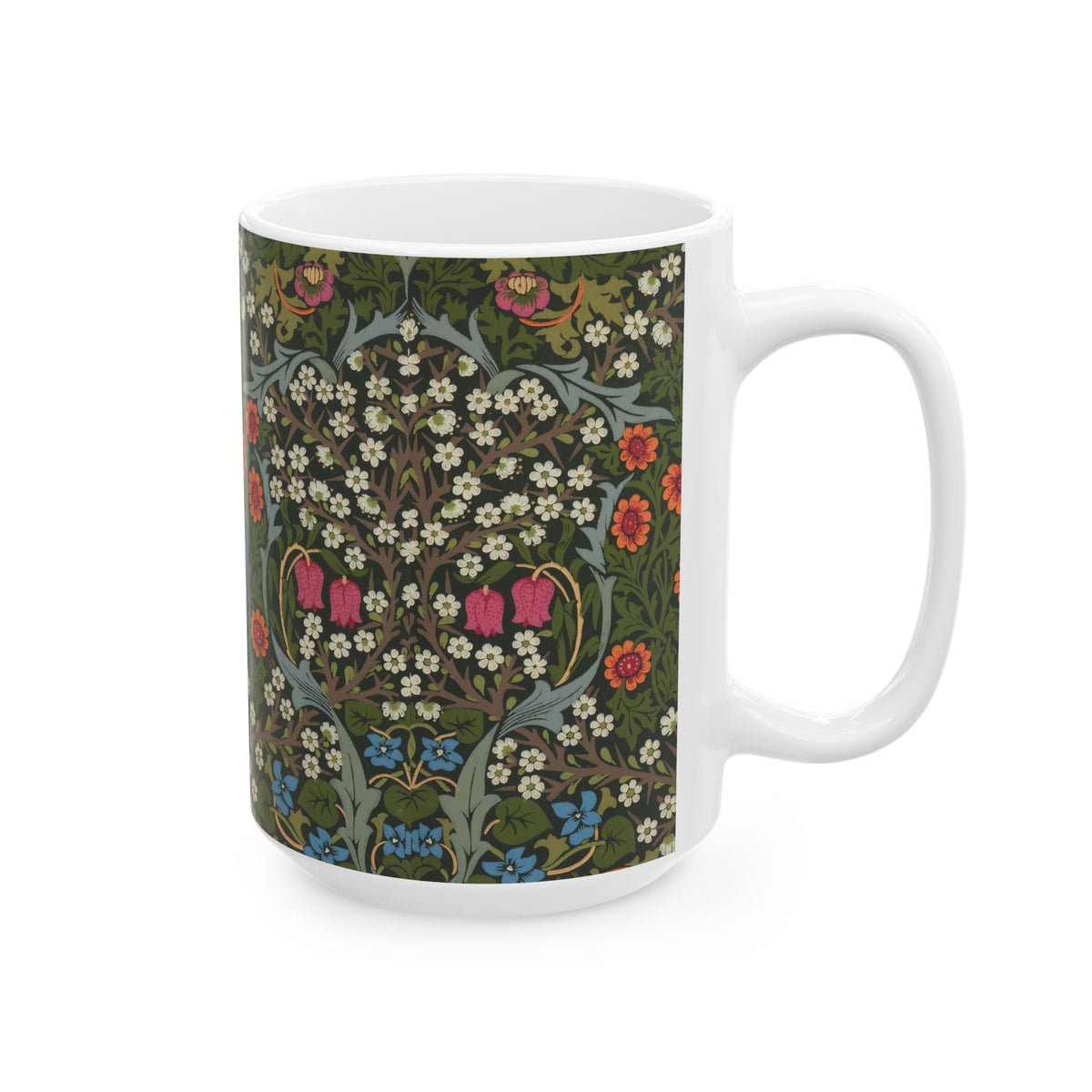 Ceramic Mug designed by William Morris & Co in a green, white and pink floral pattern called Blackthorn Collection