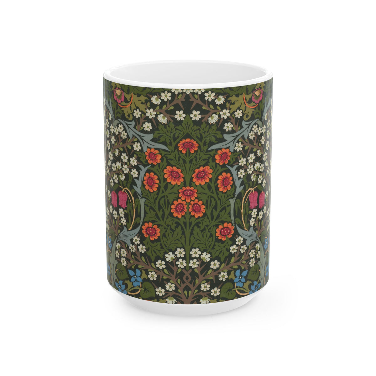 Ceramic Mug designed by William Morris & Co in a green, white and pink floral pattern called Blackthorn Collection