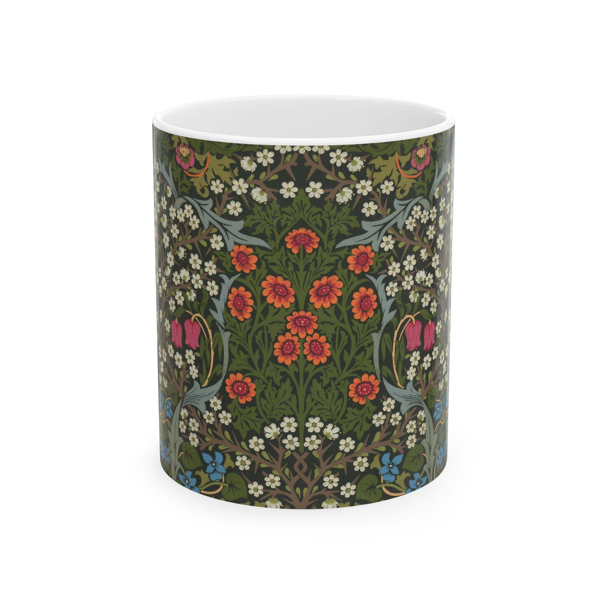 Ceramic Mug designed by William Morris & Co in a green, white and pink floral pattern called Blackthorn Collection