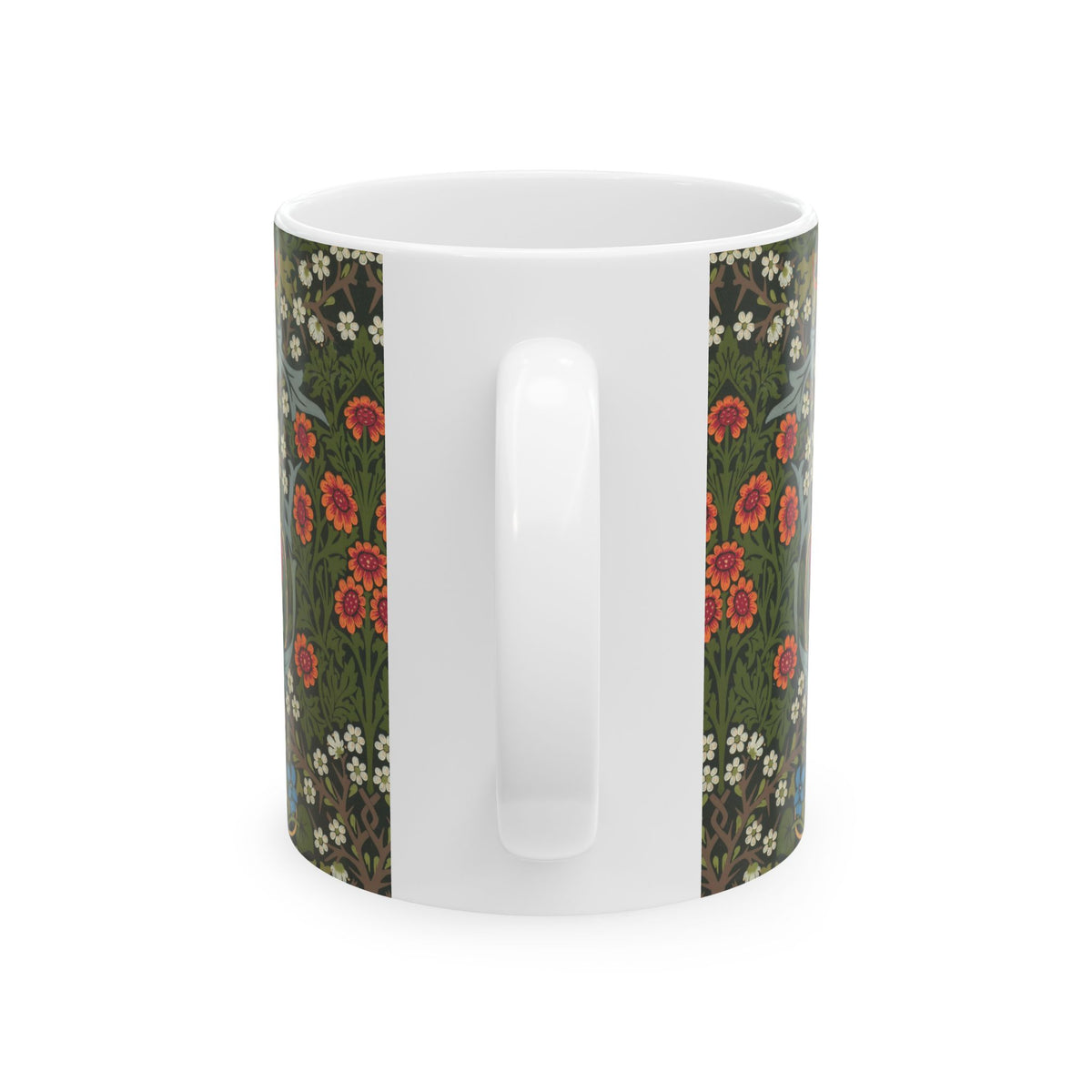 Ceramic Mug designed by William Morris & Co in a green, white and pink floral pattern called Blackthorn Collection