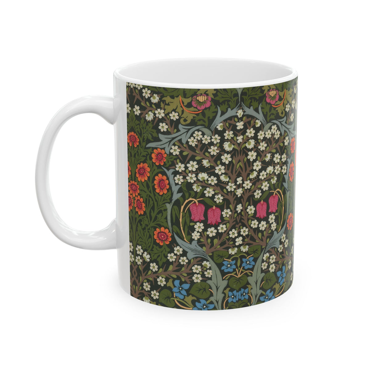 Ceramic Mug designed by William Morris & Co in a green, white and pink floral pattern called Blackthorn Collection