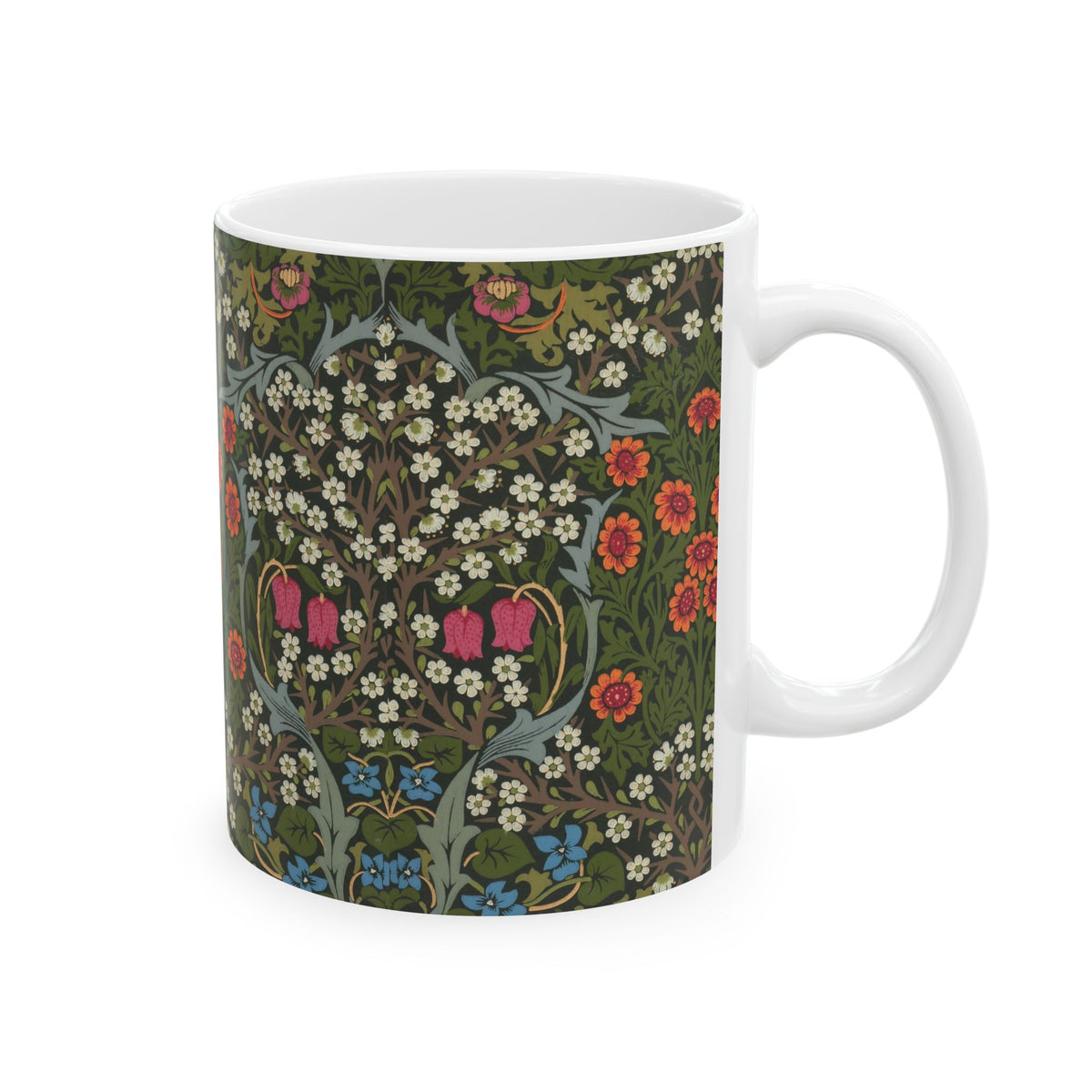 Ceramic Mug designed by William Morris & Co in a green, white and pink floral pattern called Blackthorn Collection
