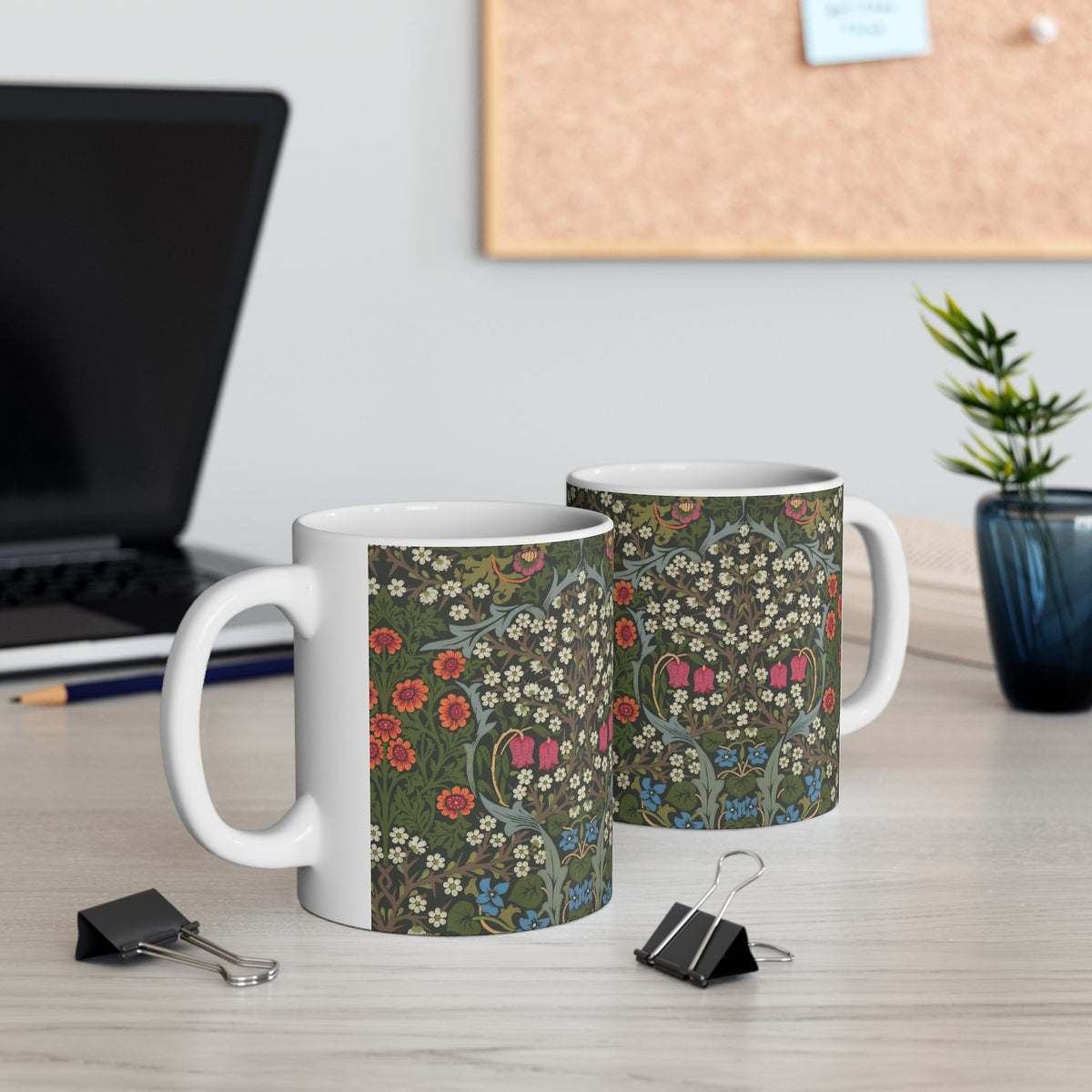 Ceramic Mug designed by William Morris & Co in a green, white and pink floral pattern called Blackthorn Collection