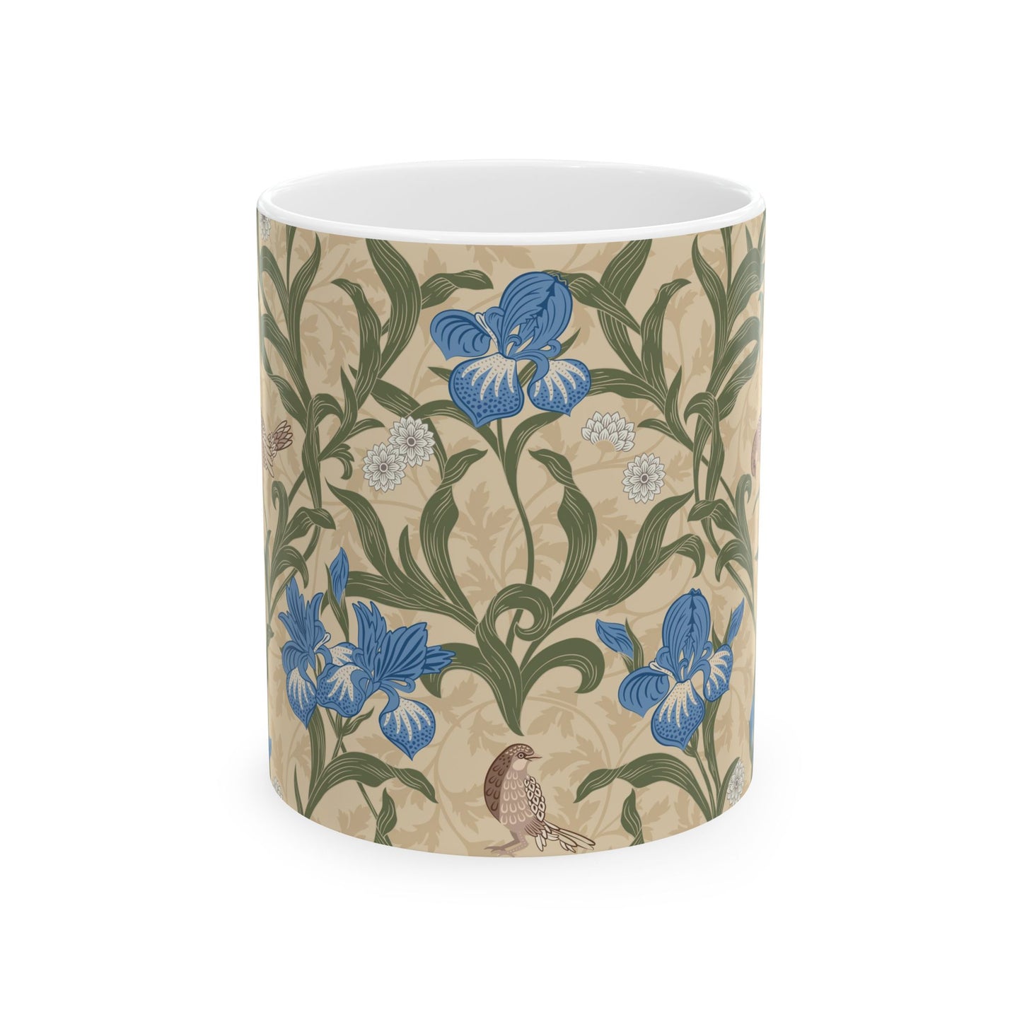 A ceramic mug with a floral William Morris & Co pattern design, featuring a bird and various flowers in shades of blue, green and beige.