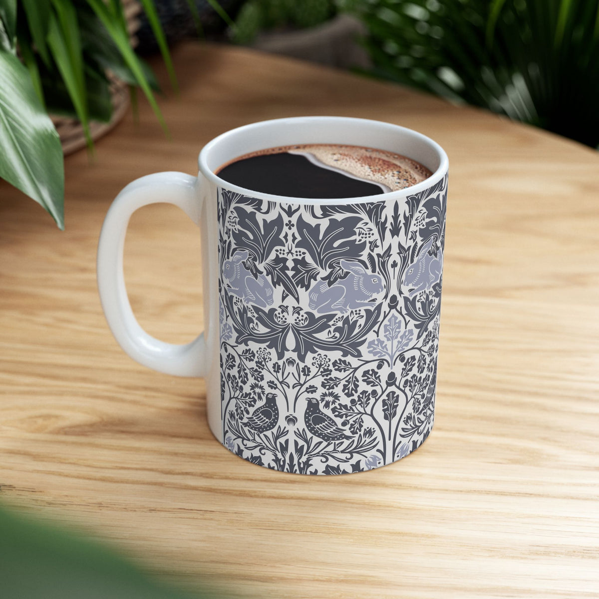 Ceramic Mug designed by William Morris & Co in a grey and white floral pattern called Brer Rabbit Collection (Grey)