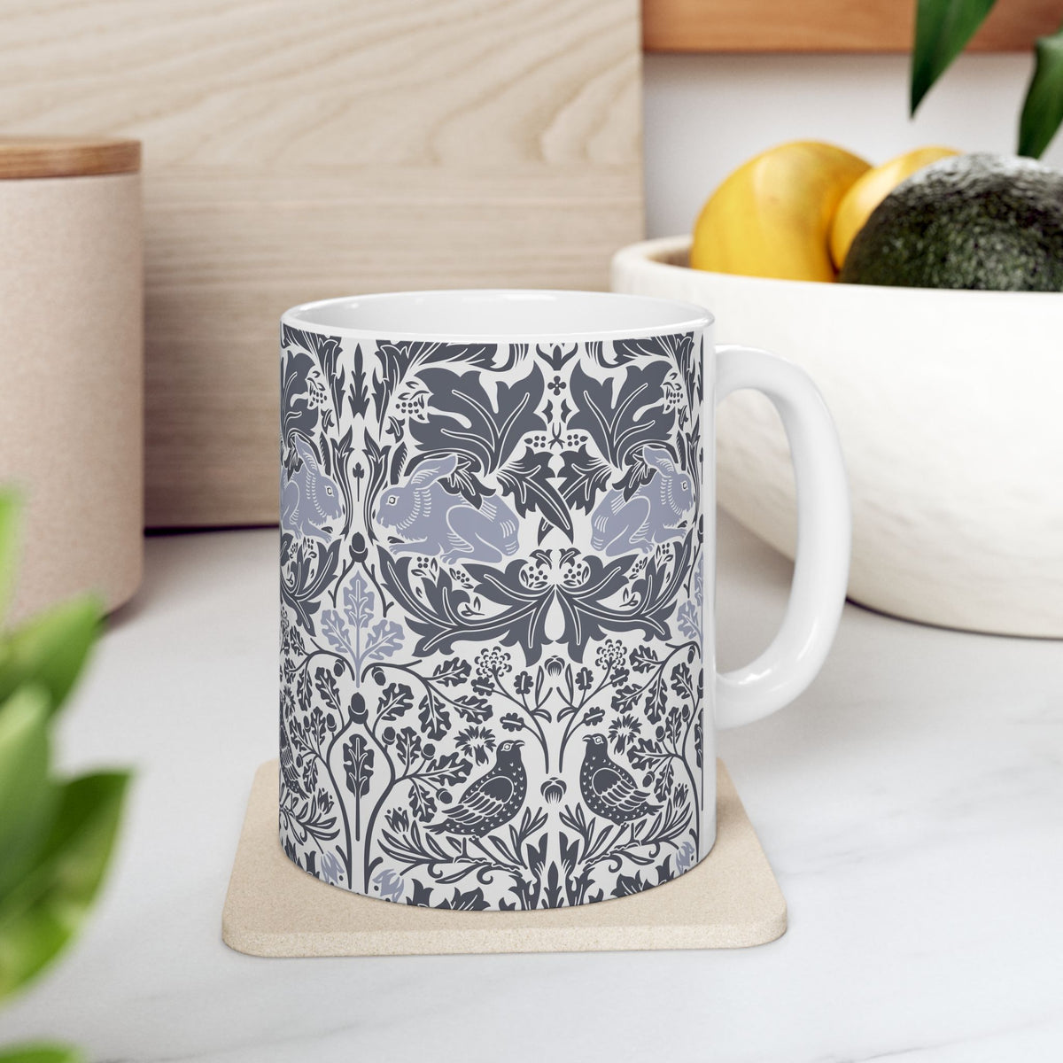 Ceramic Mug designed by William Morris & Co in a grey and white floral pattern called Brer Rabbit Collection (Grey)