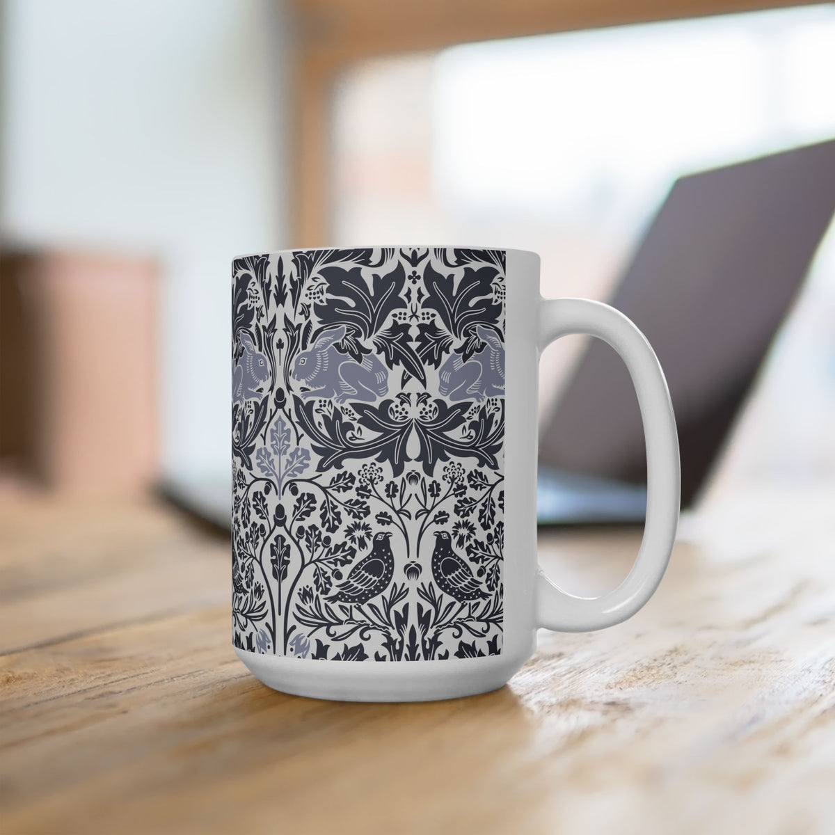 Ceramic Mug designed by William Morris & Co in a grey and white floral pattern called Brer Rabbit Collection (Grey)