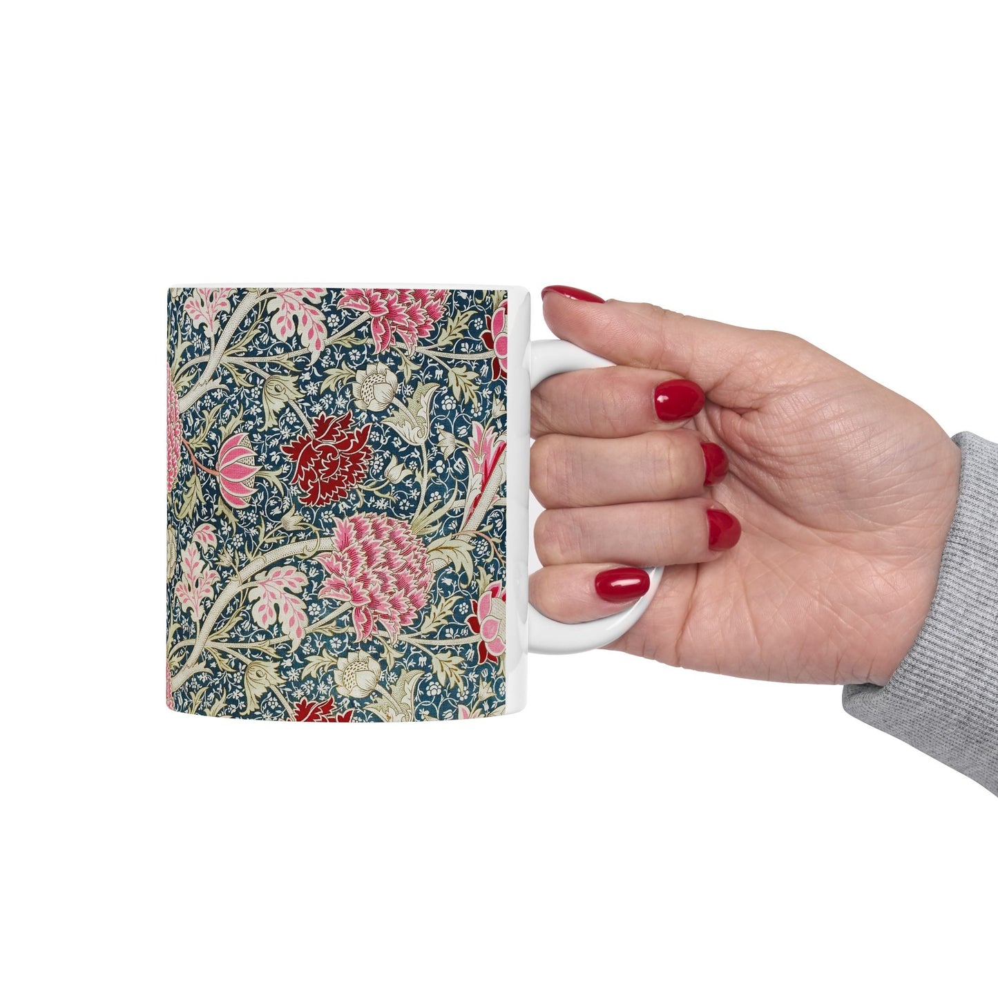 A ceramic mug with a floral pattern inspired by William Morris - Cray Collection.