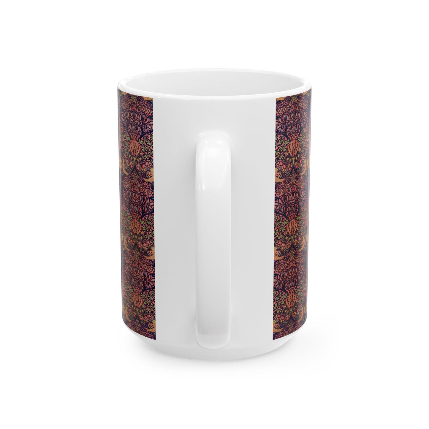 A ceramic mug with a floral pattern inspired by William Morris's artistry, featuring a white base and a shiny finish.
