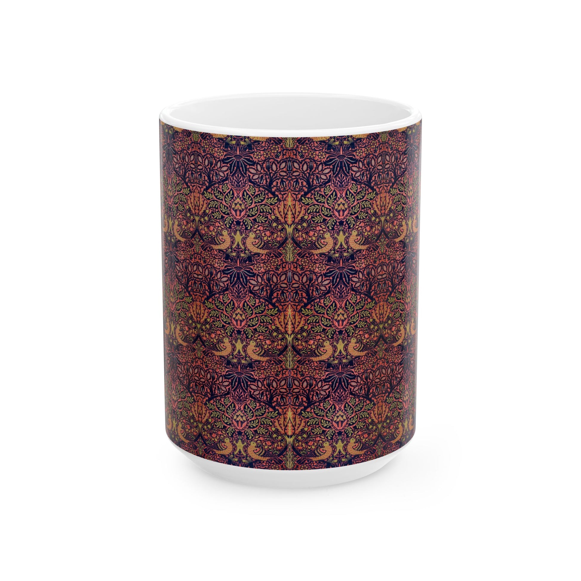 A ceramic mug with a floral pattern inspired by William Morris's artistry, featuring a white base and a shiny finish.