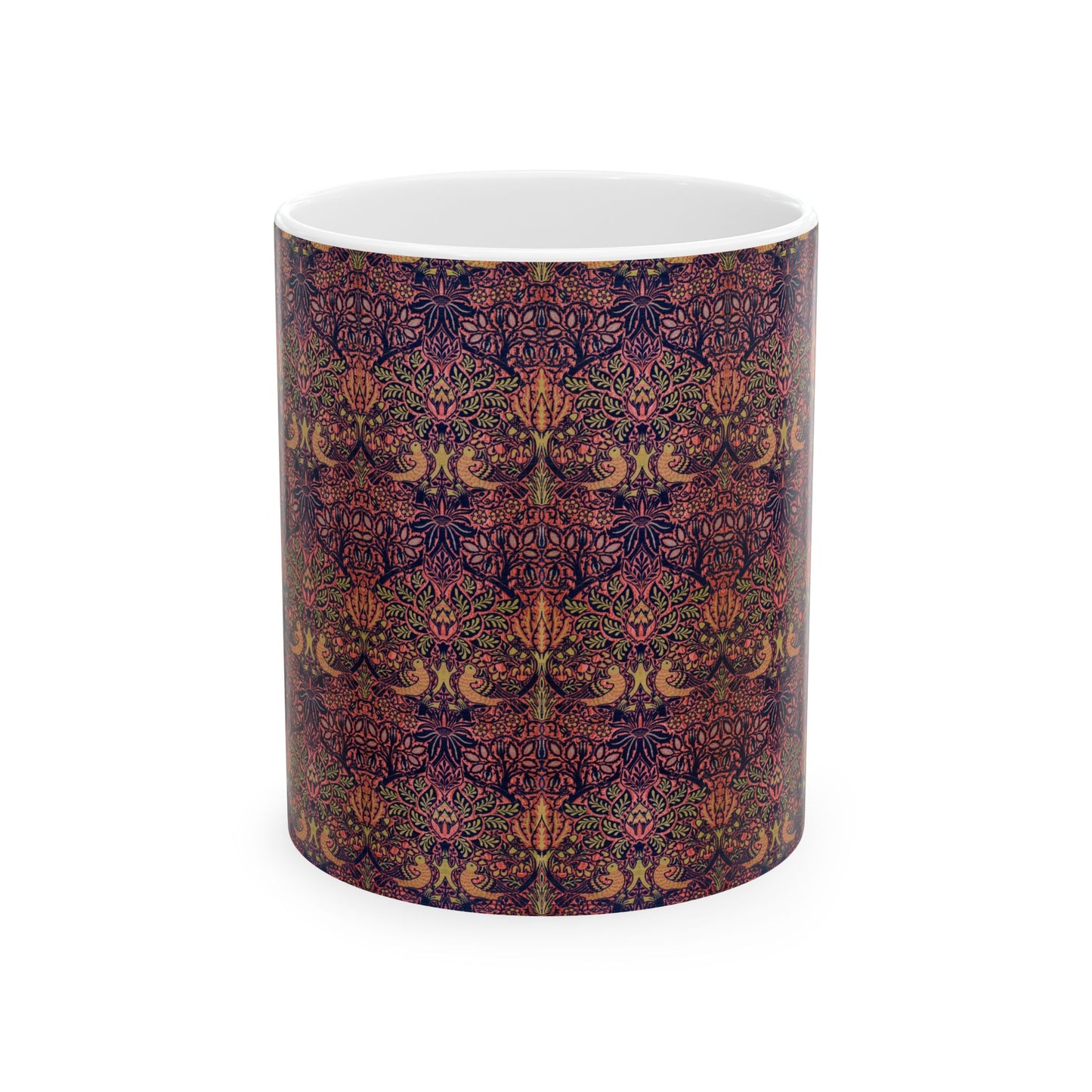 A ceramic mug with a floral pattern inspired by William Morris's artistry, featuring a white base and a shiny finish.