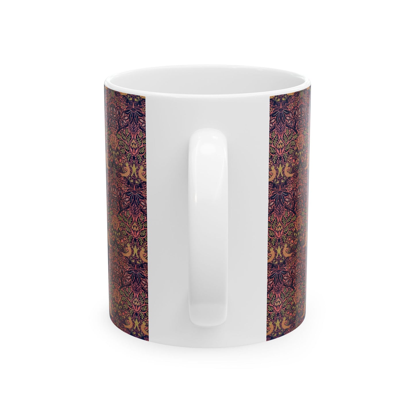 A ceramic mug with a floral pattern inspired by William Morris's artistry, featuring a white base and a shiny finish.