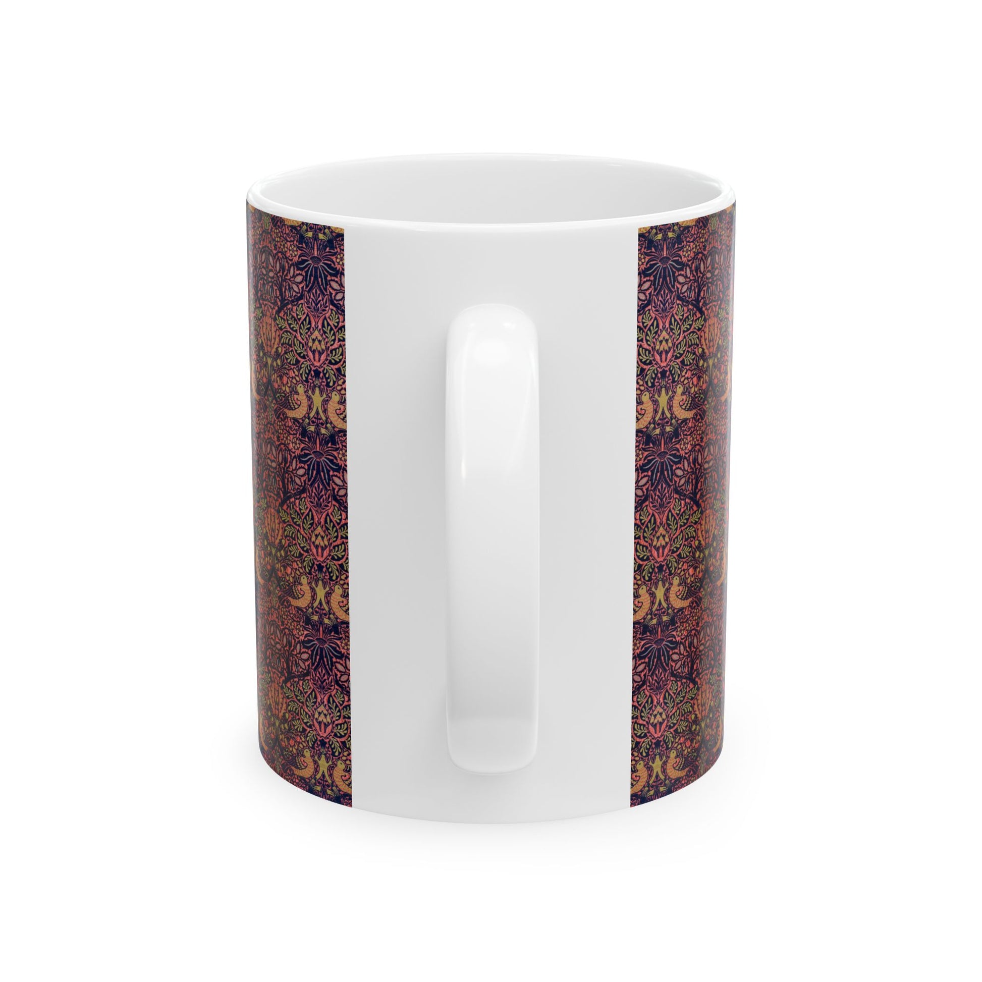 A ceramic mug with a floral pattern inspired by William Morris's artistry, featuring a white base and a shiny finish.
