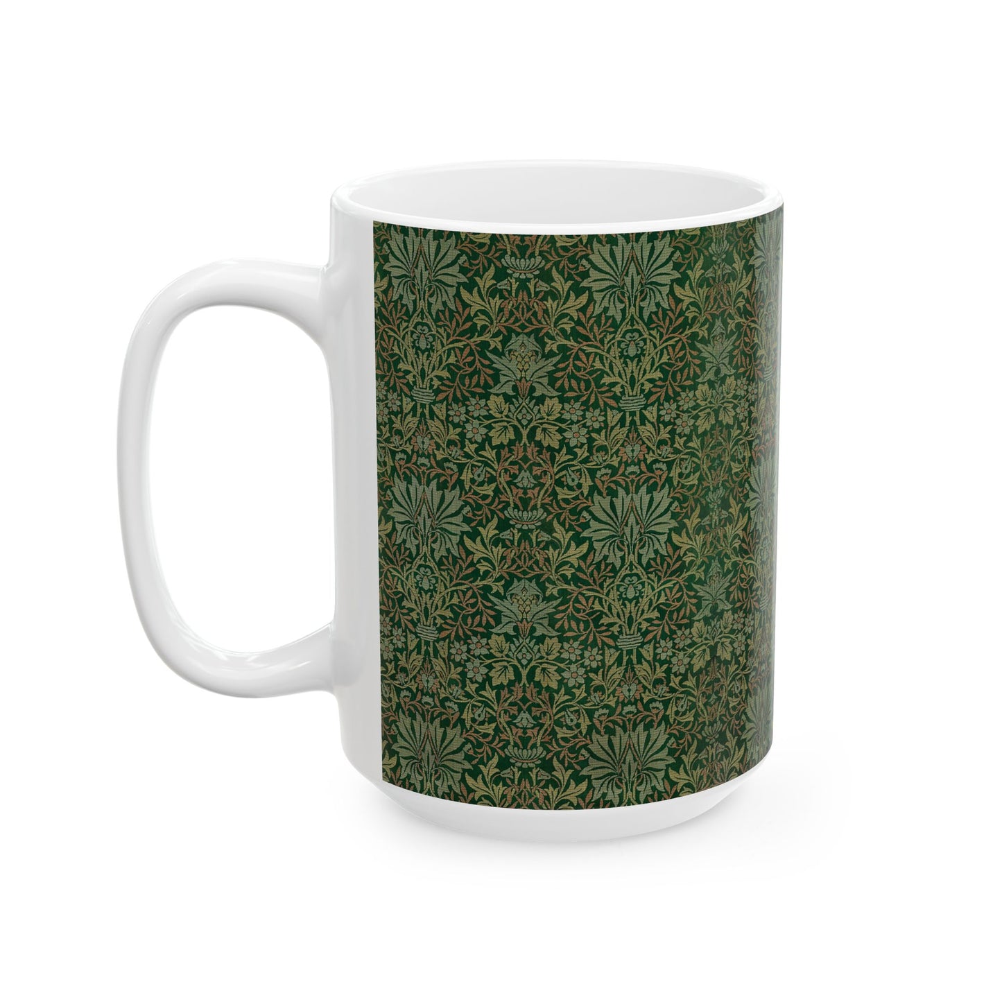 A ceramic mug with a floral garden William Morris & Co pattern design, predominantly green and white.