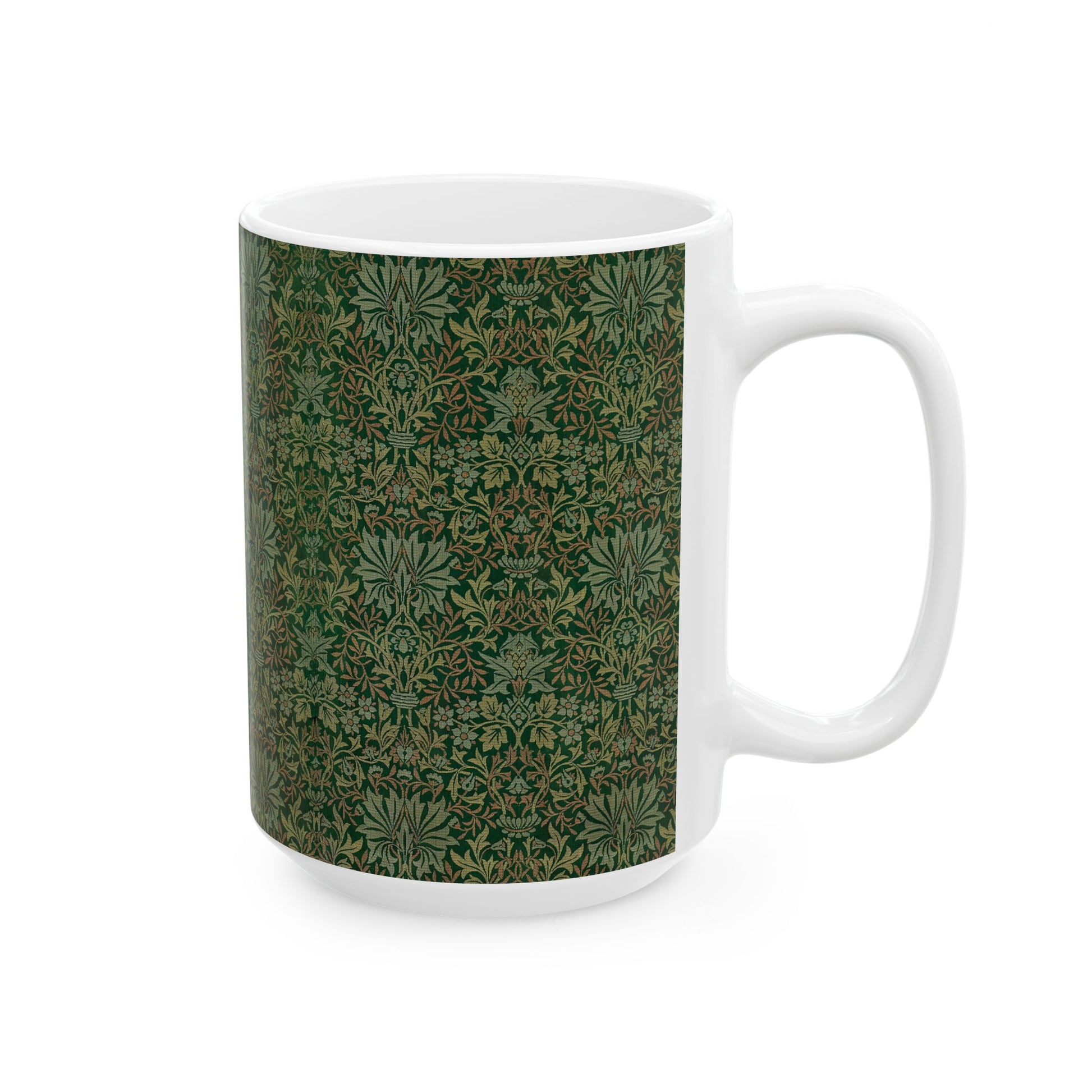 A ceramic mug with a floral garden William Morris & Co pattern design, predominantly green and white.
