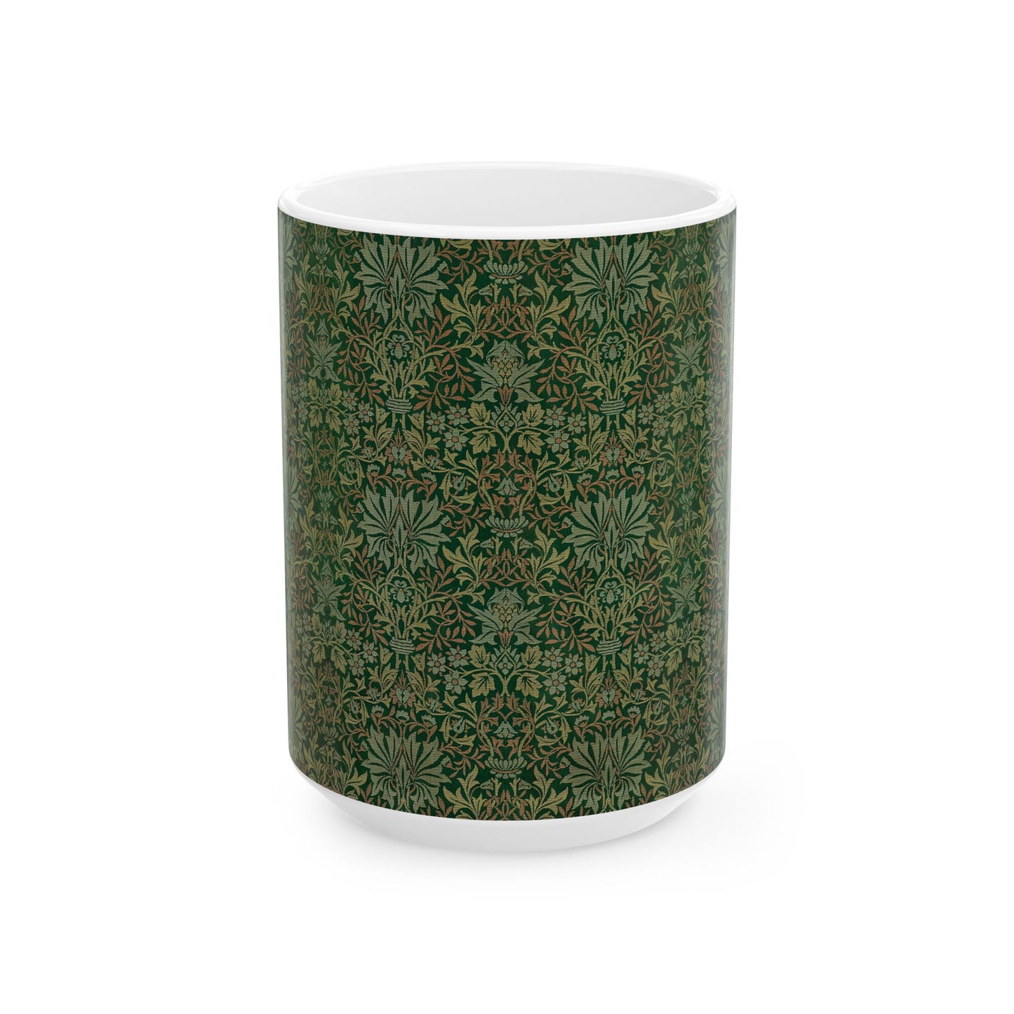 A ceramic mug with a floral garden William Morris & Co pattern design, predominantly green and white.