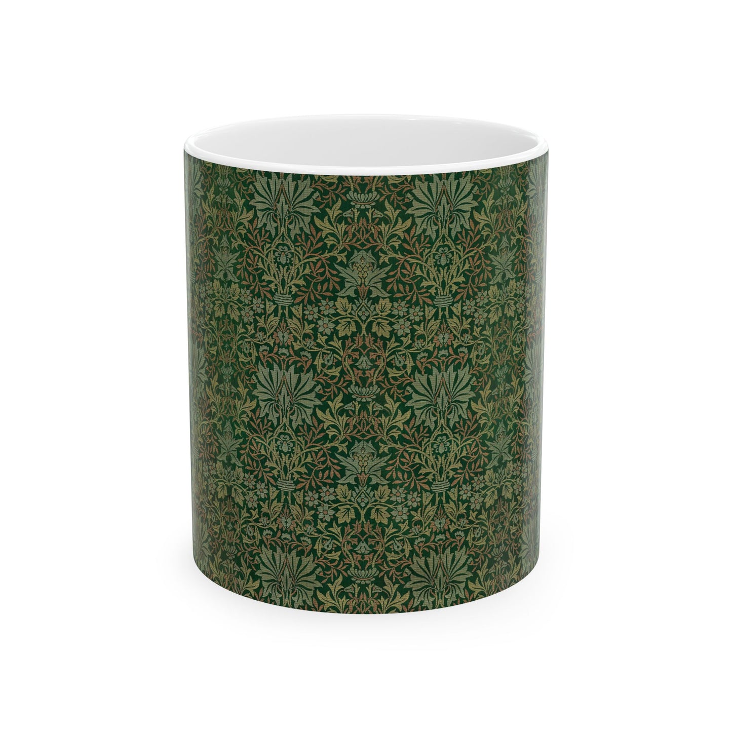 A ceramic mug with a floral garden William Morris & Co pattern design, predominantly green and white.