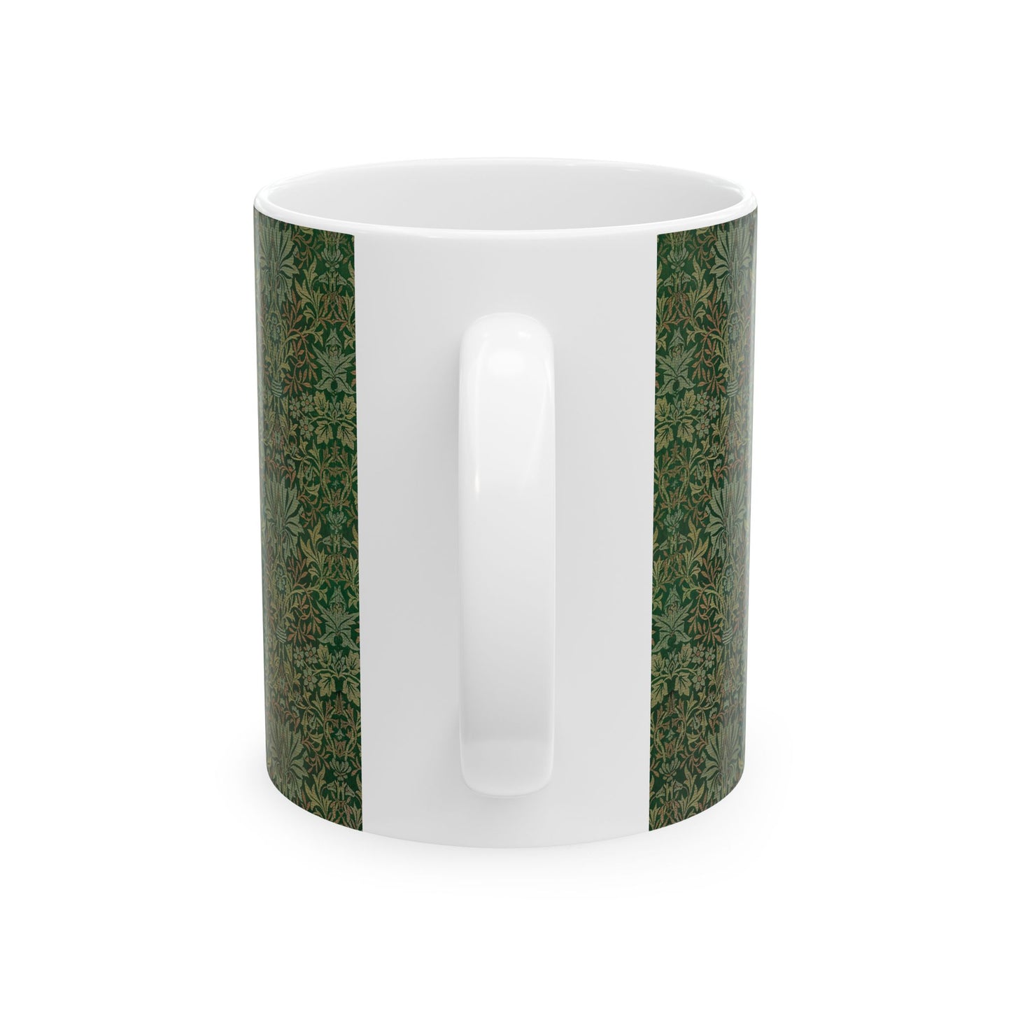 A ceramic mug with a floral garden William Morris & Co pattern design, predominantly green and white.