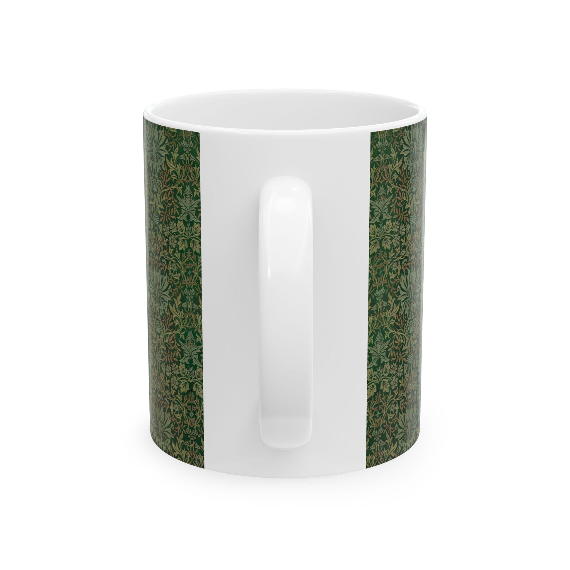 A ceramic mug with a floral garden William Morris & Co pattern design, predominantly green and white.