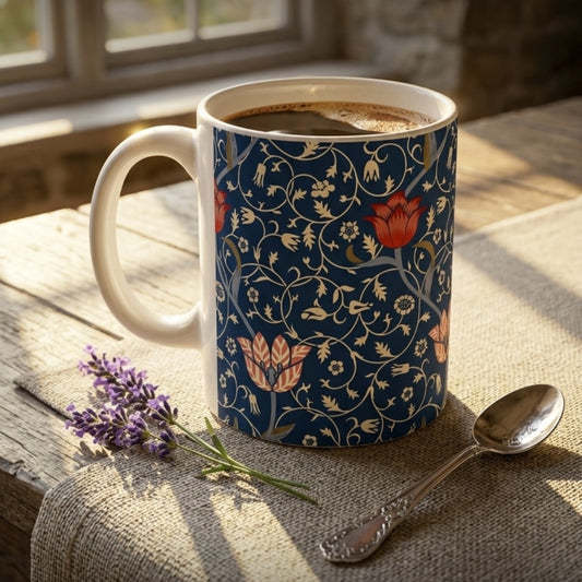 A ceramic mug filled with coffee sits on a rustic wooden table draped with a beige cloth, alongside a silver spoon and a small sprig of lavender. The mug features a navy blue background with a cream-colored floral vine pattern and red-orange flower accents.